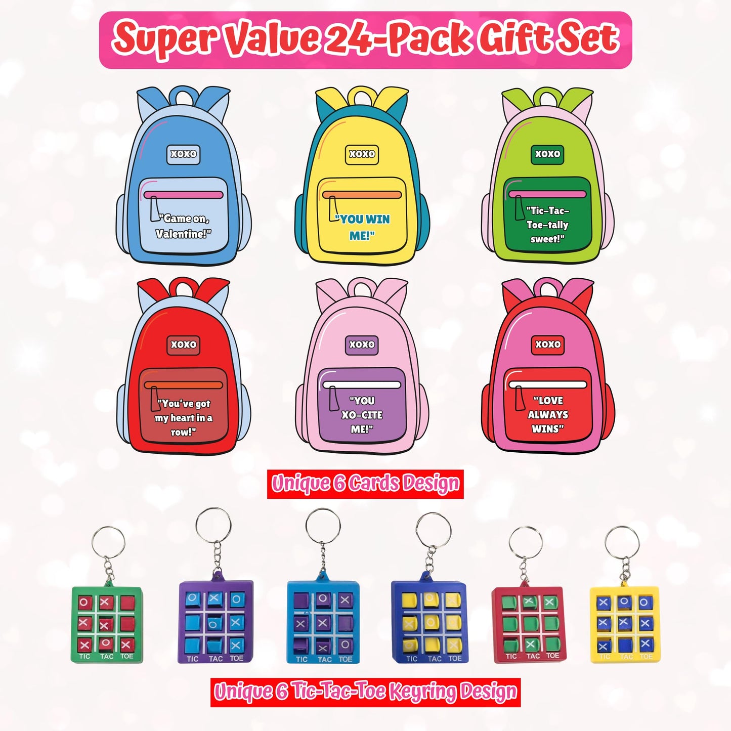 4E's Novelty 24 Pack Classroom Valentine Cards with Tic Tac Toe Keychains Games, Bulk Valentines Day Cards & Gifts for Kids School Valentines
