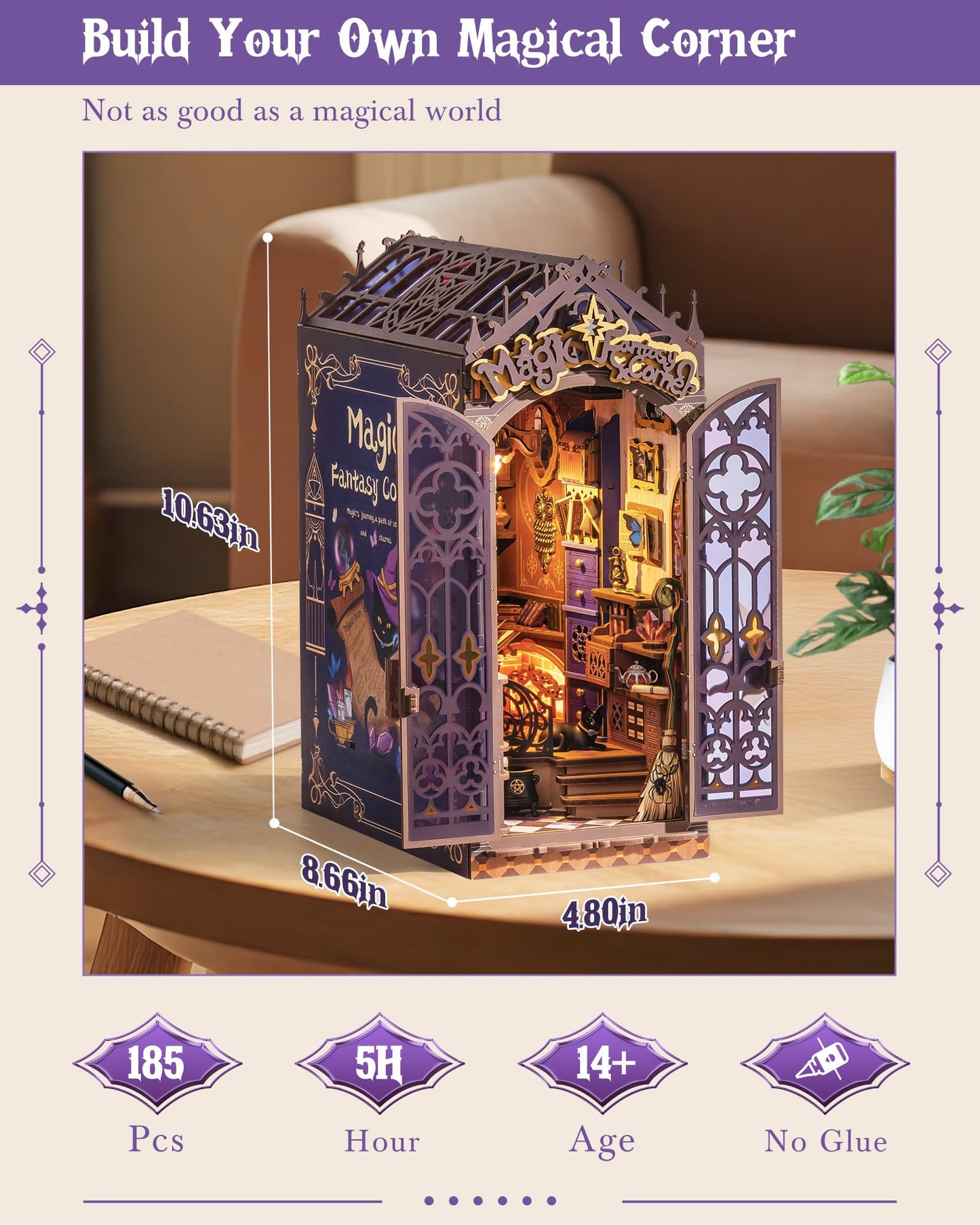 ROBOTIME Book Nook Kit, DIY Miniature House Kit, 3D Wooden Puzzle Bookends, Witch Study Room Bookshelf Decor, Creative Unique Gifts for Adults (Magic