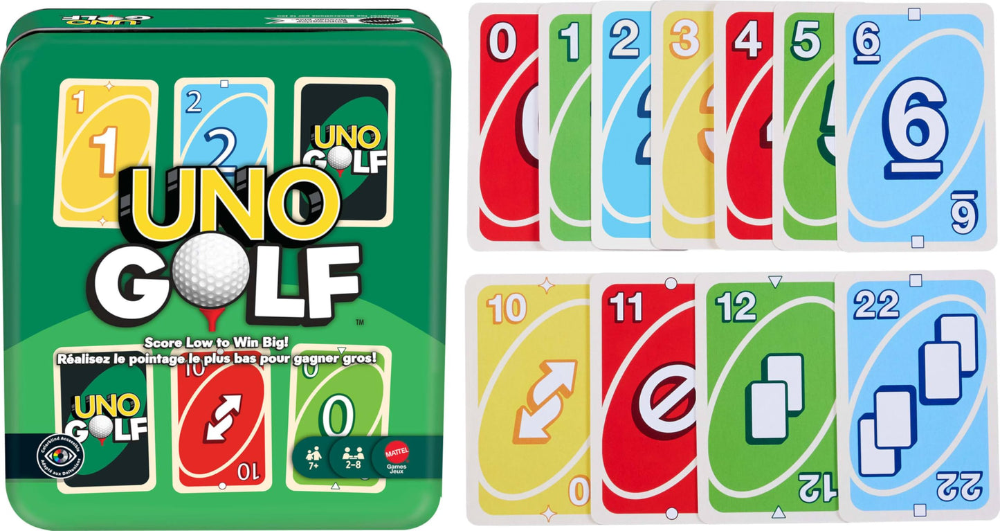 Mattel Games UNO Golf Card Game in Storage & Travel Tin for Kid & Family Nights, Parties & Vacations, 2 to 8 Players Ages 7+ Years (Amazon Exclusive)