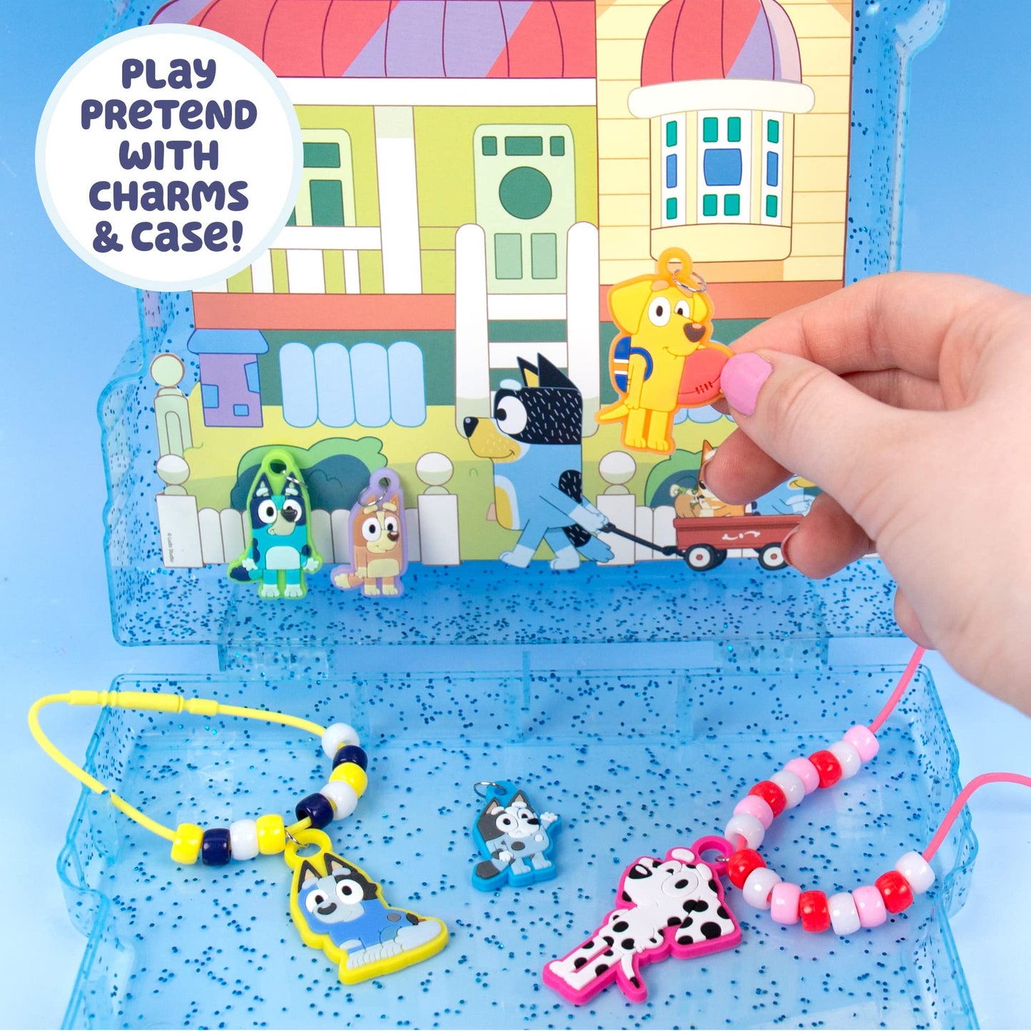 Bluey Friendship Jewelry, Create 4 Charm Bracelets & 2 Charm Necklaces, Includes 150 Beads & 6 Rubber Charms with Storage Case, Gifts for Kids Boys
