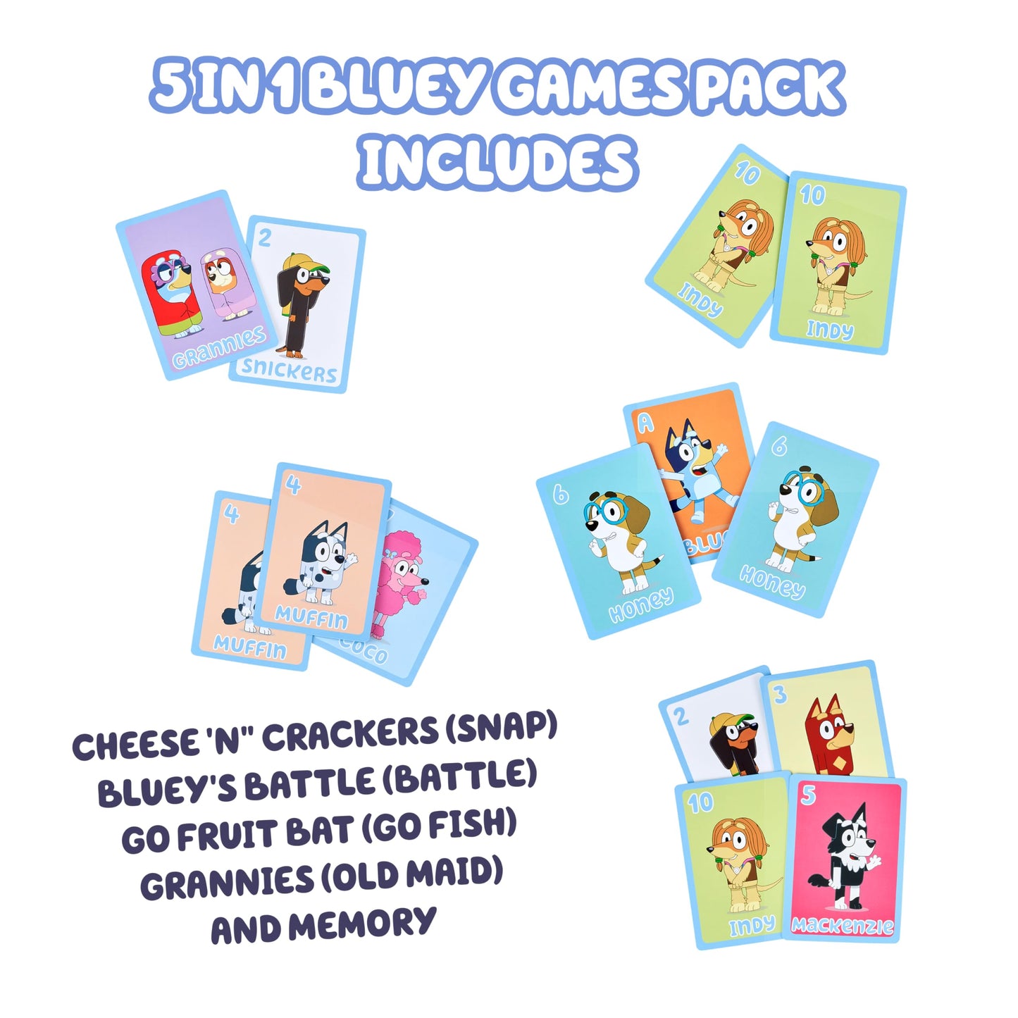 Bluey 5-in-1 Card Game Set, Jumbo-Sized 53-Deck Toddler Game, Multi-Color Interactive Play Card Games for Kids of Ages 3+