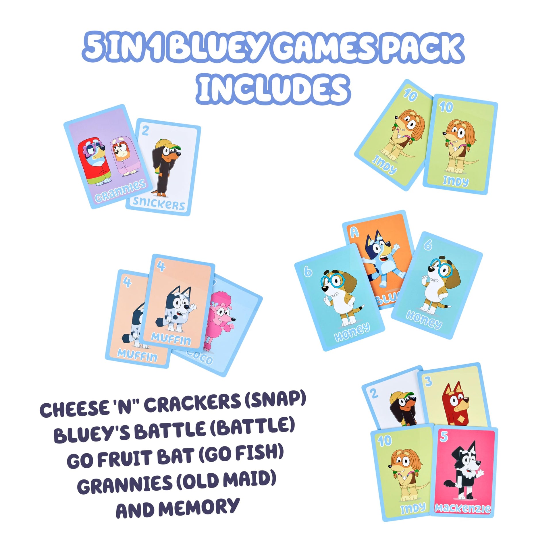 Bluey 5-in-1 Card Game Set, Jumbo-Sized 53-Deck Toddler Game, Multi-Color Interactive Play Card Games for Kids of Ages 3+