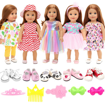 BARWA 18 inch Doll Clothes and Accessories 5 Sets Clothes Dress Outfits with 2 Pairs Shoes for 18 Inch Dolls