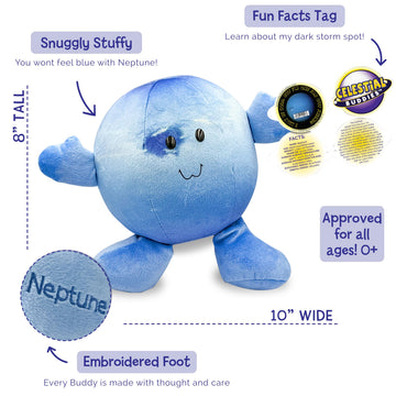 Celestial Buddies Neptune Buddy | 10" Soft Stuffed Plush, Embroidered Features, Fun Planet Facts Tag for Kids - STEM Learning, Educational Gift