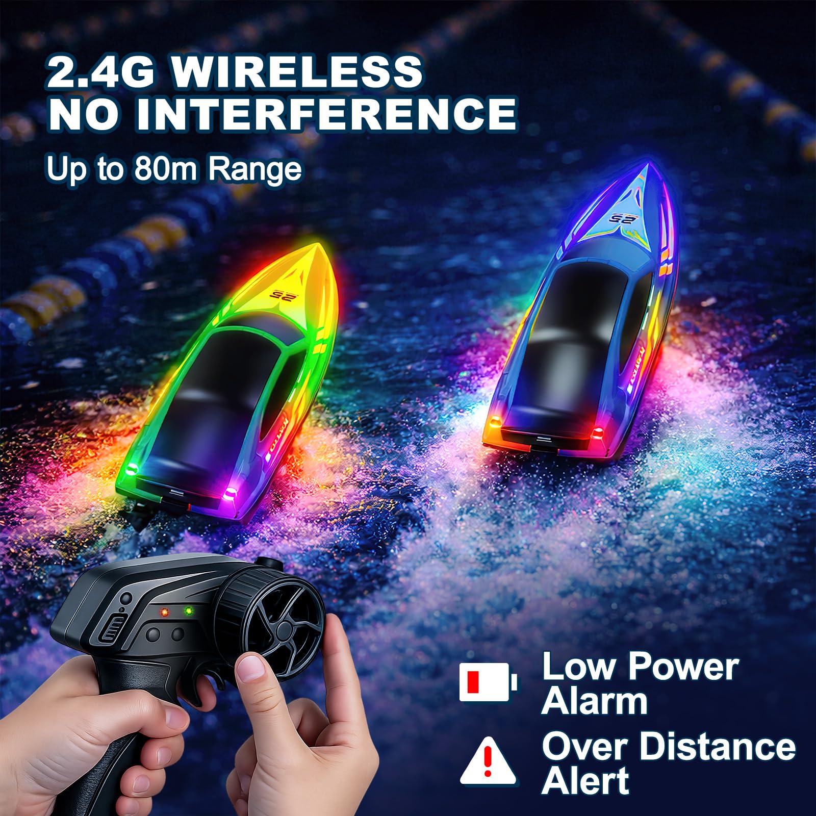 Cirmine RC Boat 2 Pack Remote Control Boats with 7-Mode Colorful LED Lights, 10 Inch RC Boats, 15KM/H High Speed, 2.4GHz Remote, 3 Speed Modes, 4