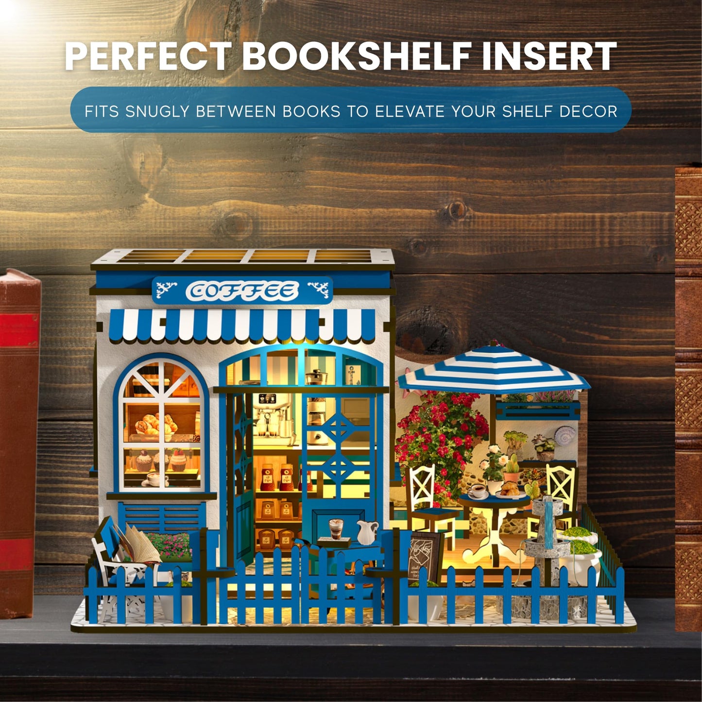 Santorini Sun Coffee Shop DIY Book Nook Kit - 3D Wooden Puzzle for Adults with LED Light, Mediterranean Café Bookshelf Insert for Adults and Teens