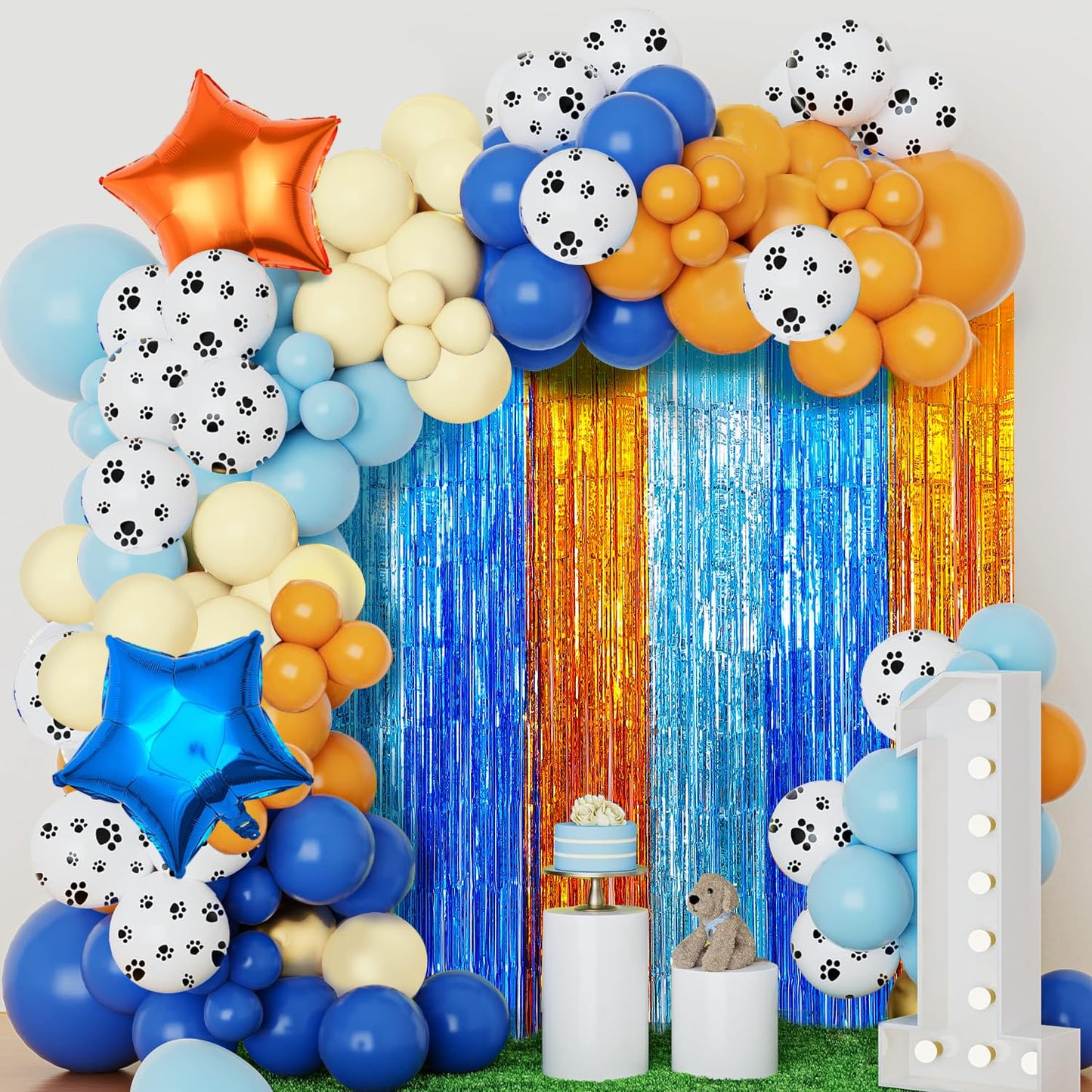 Blue Dog Birthday Party Supplies, 2 Packs 3.3x6.6 ft Foil Fringe Curtains, Orange Light blue Tinsel Metallic Streamers, Photo Booth Props Streamer