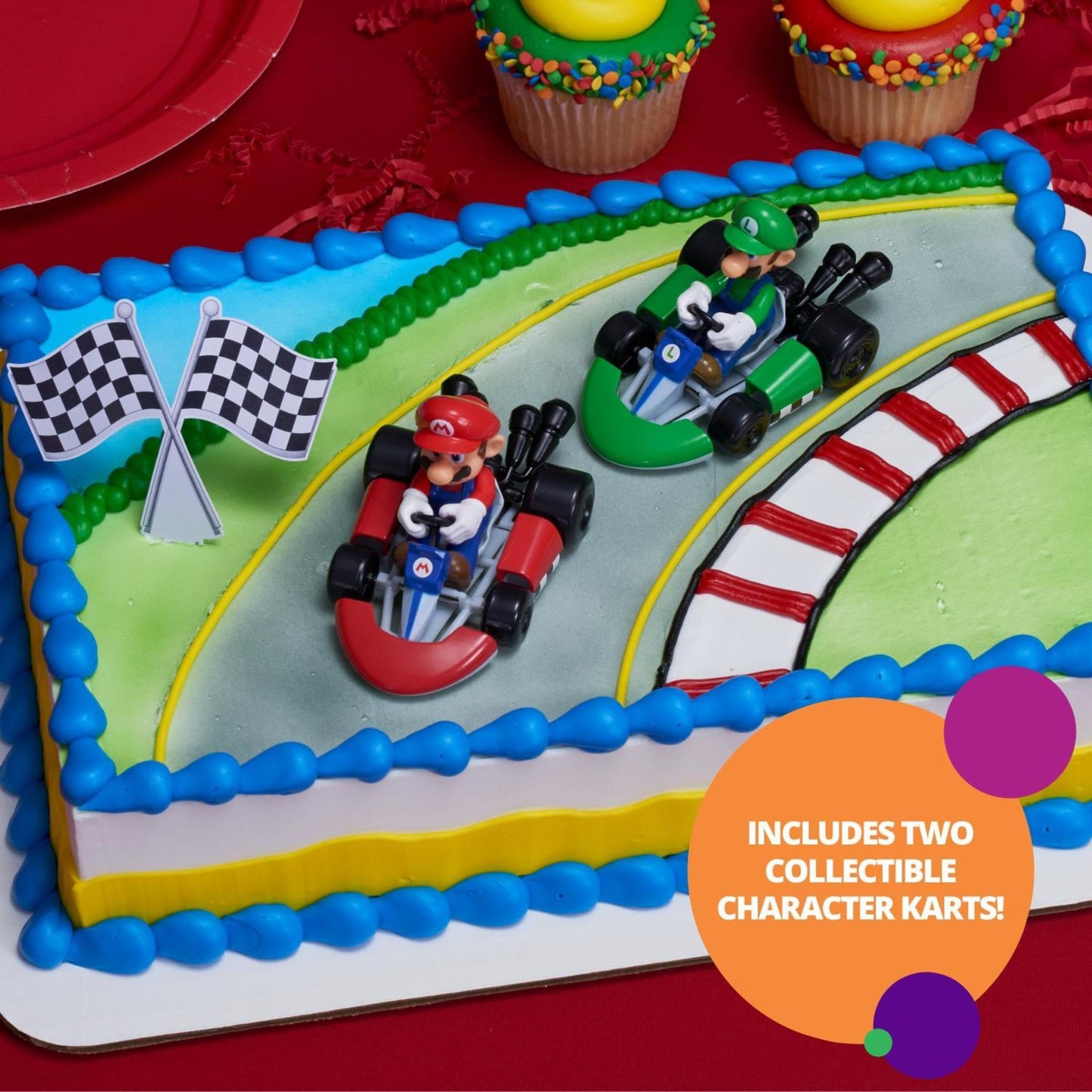DecoSet® Mario Kart™ Cake Topper, 3 Piece Cake Decoration with Race Kart Toppers & Checkered Flag Decoration, Collectible Character Karts for Hours