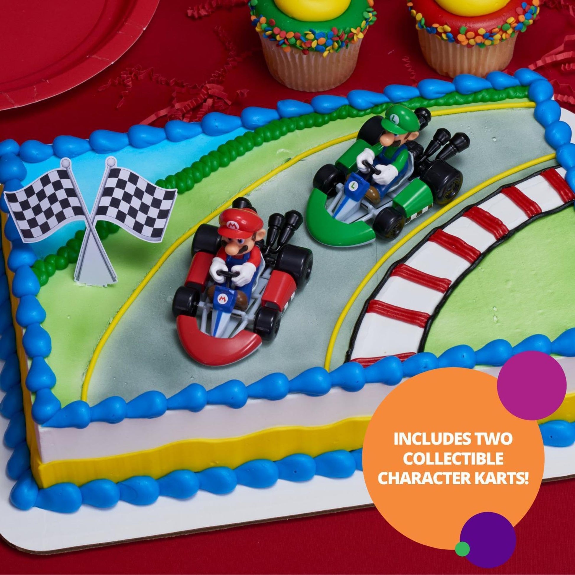 DecoSet® Mario Kart™ Cake Topper, 3 Piece Cake Decoration with Race Kart Toppers & Checkered Flag Decoration, Collectible Character Karts for Hours