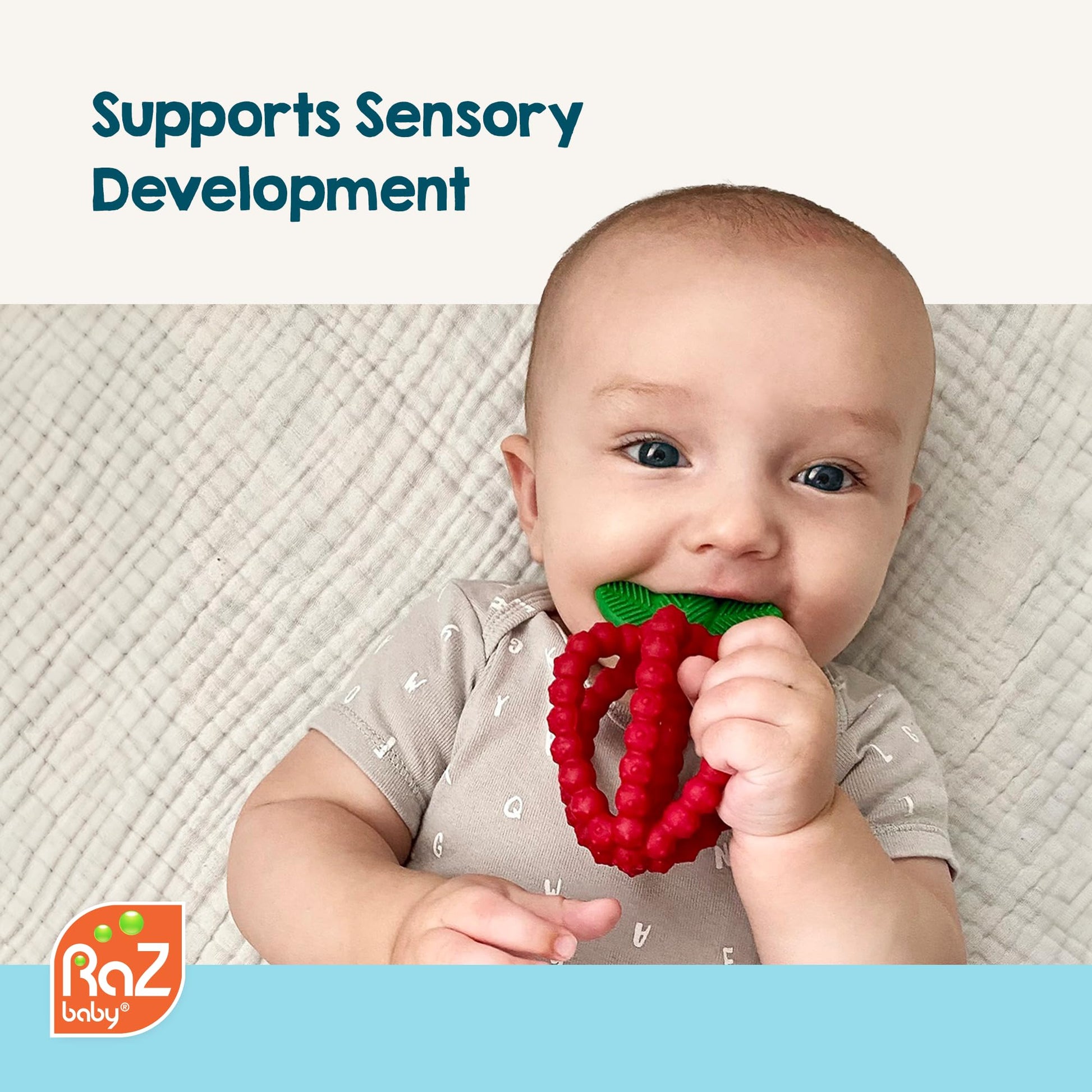 RaZbaby Bites Silicone Baby Teething Toy - Sensory Toy with Textured BerryBumps for Teething Relief, Easy-to-Hold Fruit Shape, BPA-Free, Soothes Front
