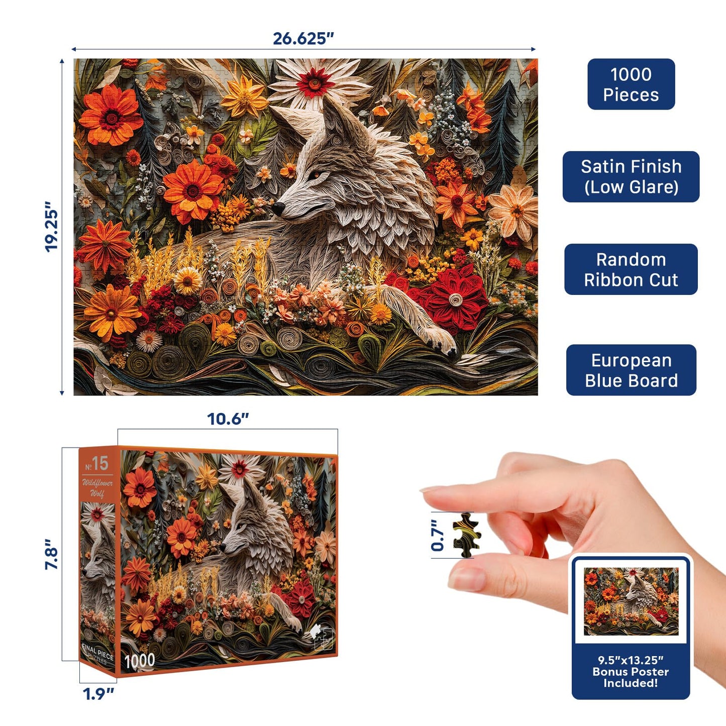 Wildflower Wolf (No. 15) - 1000 Piece Animal Jigsaw Puzzle for Adults | Printed in USA | Satin Low-Glare Finish | Random Ribbon Cut | Bonus Poster |
