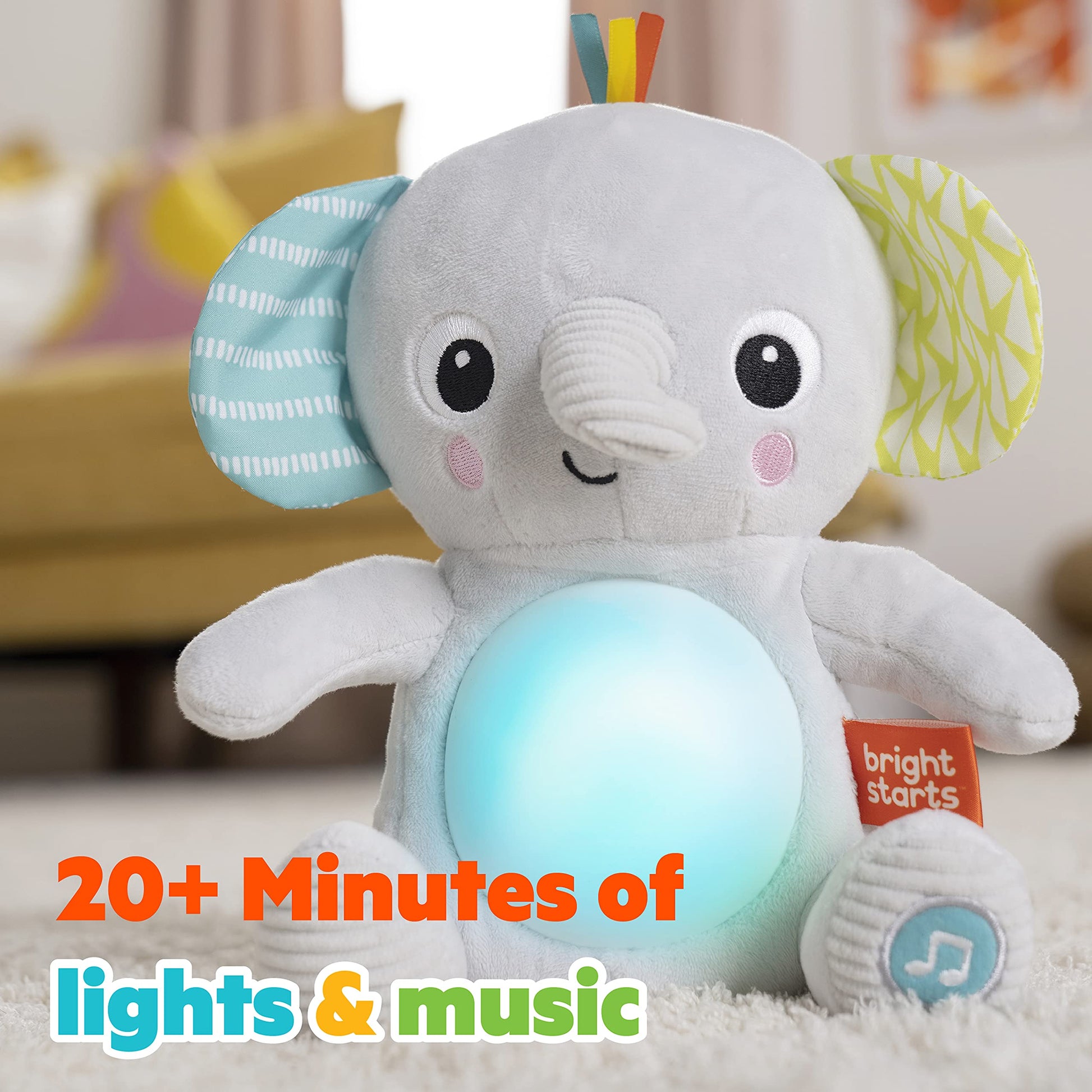 Bright Starts Hug-a-Bye Baby Elephant Stuffed Animal Musical Toy, Soft Toy Soother Plays Songs & Lights up, Newborn and up
