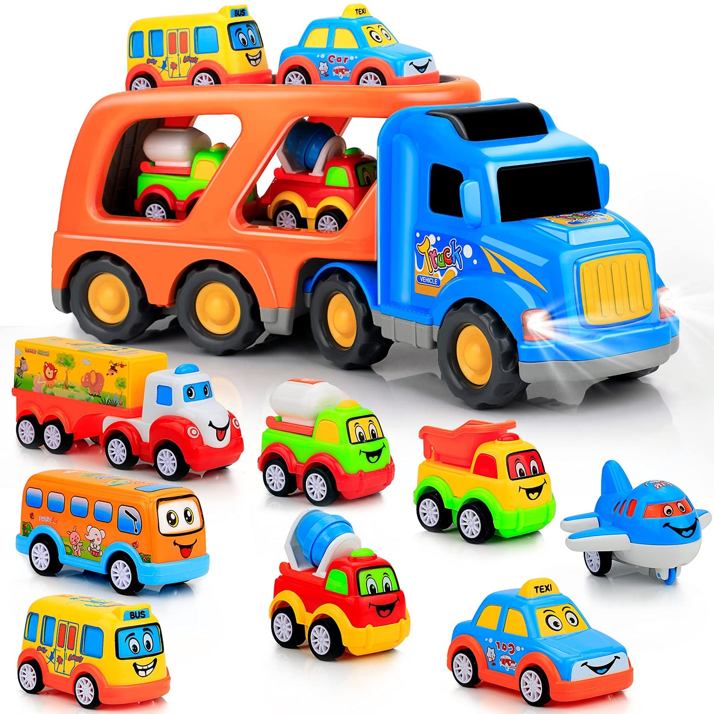 Forty4 9 Pack Cars Toys for 2 3 4 5 Years Old Toddlers Boys & Girls Gift, Big Transport Truck with 8 Small Cute Pull Back Trucks, Carrier Truck
