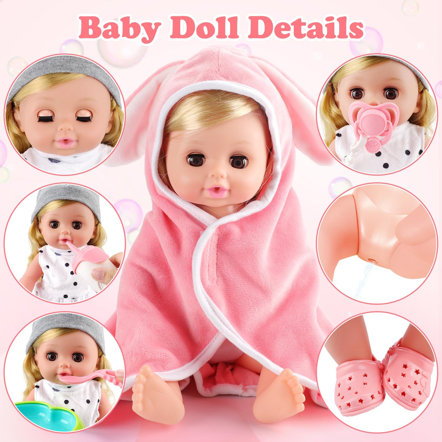SUKIPIN Baby Doll Bath Set, Baby Dolls for 5 Year Old Girls for Easter Basket Stuffers, Doll Bathtub Toys for 3 4 5 Years Old Girl Birthday Gifts