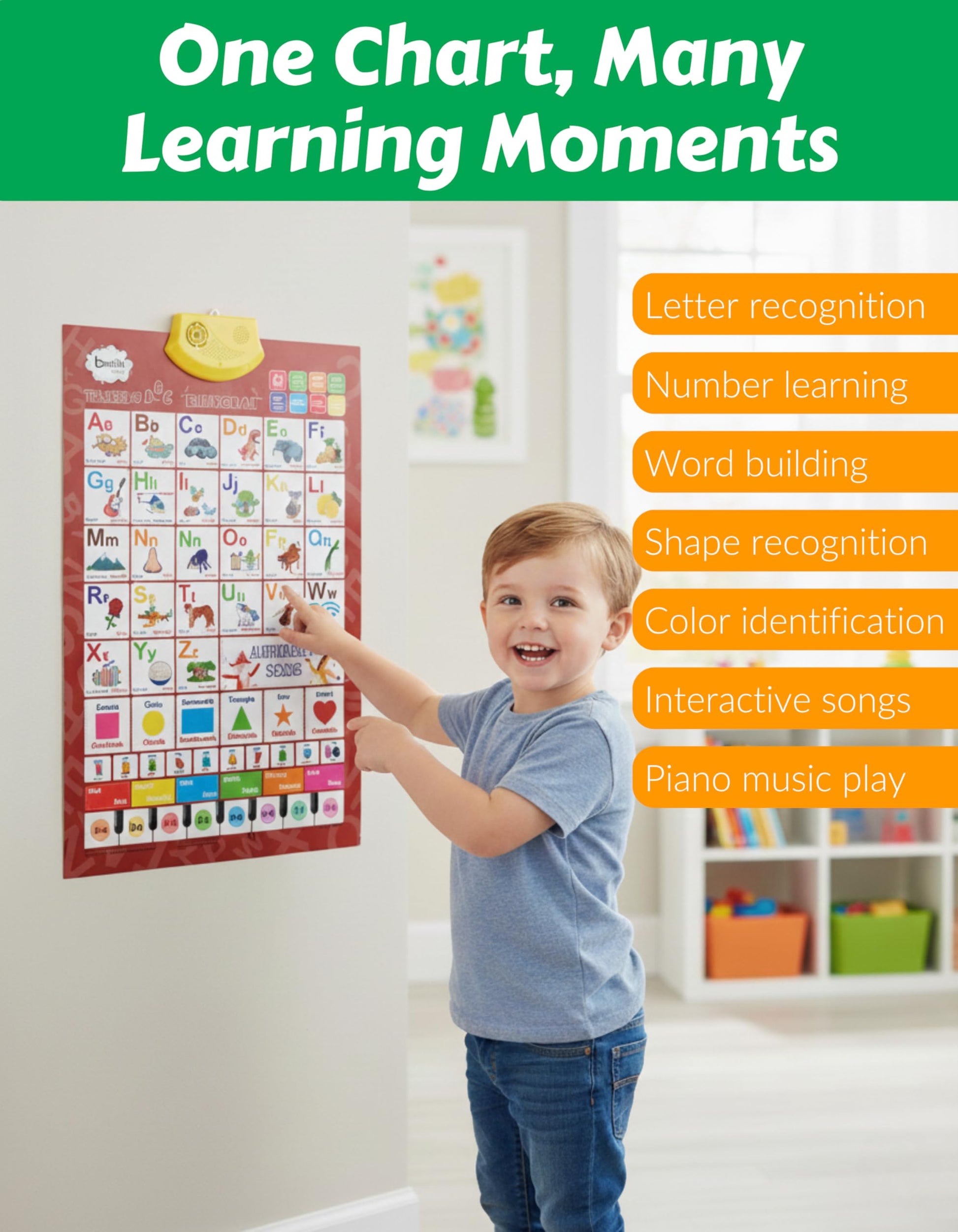Bilingual English & Spanish Interactive Alphabet Wall Chart (2026 Model) - Talking ABC Letters, Numbers 123 & Music Learning Poster - Educational Toy