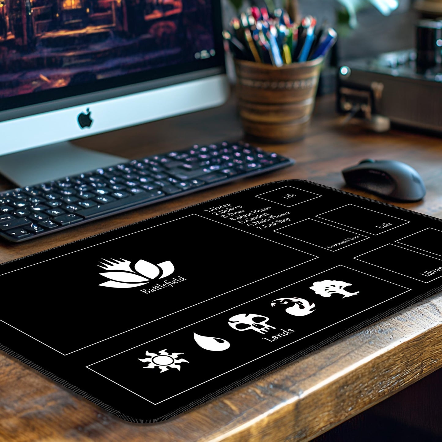MTG Playmat Stitched Card Game Mat for Magic The Gathering, Play Mat with Storage Tube for MTG Card Game Playing (Black, 24x14 inch with Zone)