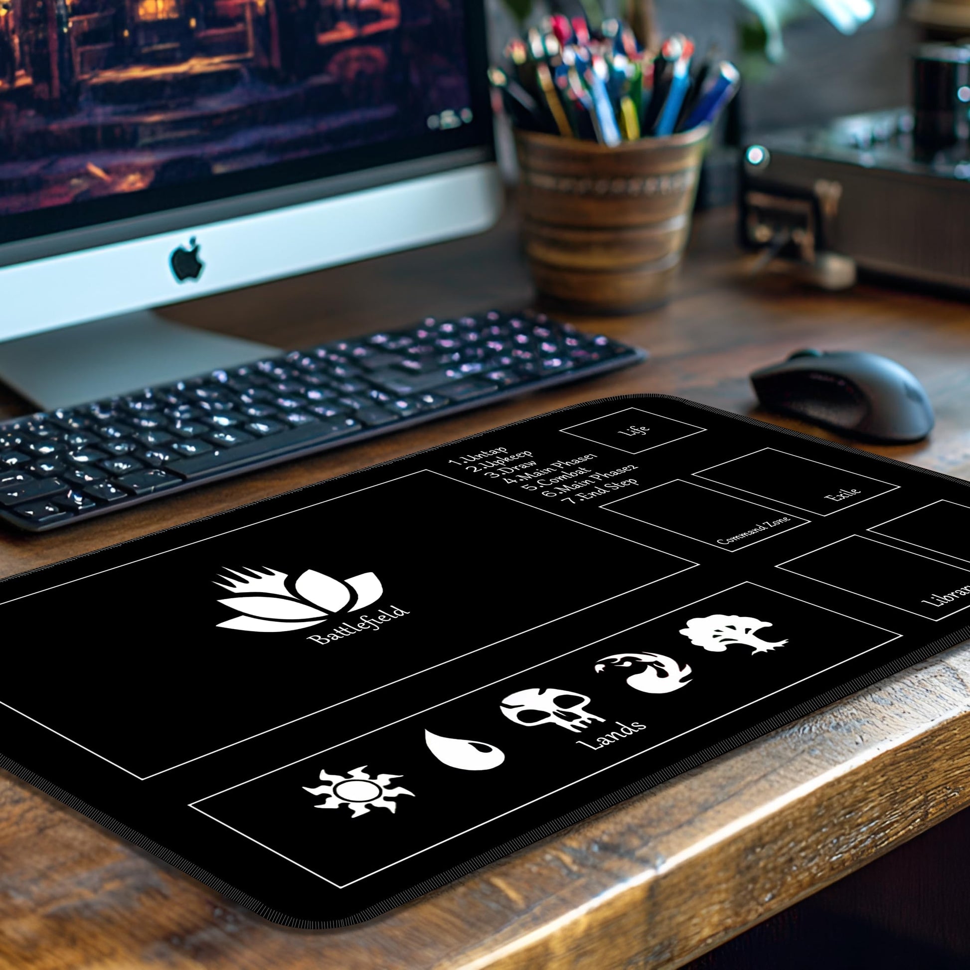MTG Playmat Stitched Card Game Mat for Magic The Gathering, Play Mat with Storage Tube for MTG Card Game Playing (Black, 24x14 inch with Zone)