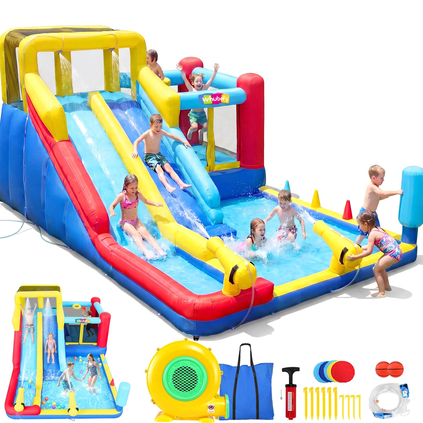 Inflatable Water Slide Bounce House, Upgrade 10-in-1 Water Slide Park with Water Gun/Spalish Pool/Jumping Area, Max Total Load Capacity 400 Lbs,
