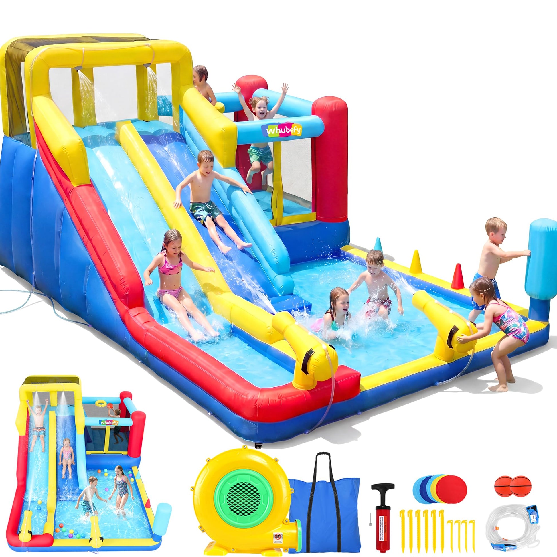 Inflatable Water Slide Bounce House, Upgrade 10-in-1 Water Slide Park with Water Gun/Spalish Pool/Jumping Area, Max Total Load Capacity 400 Lbs,