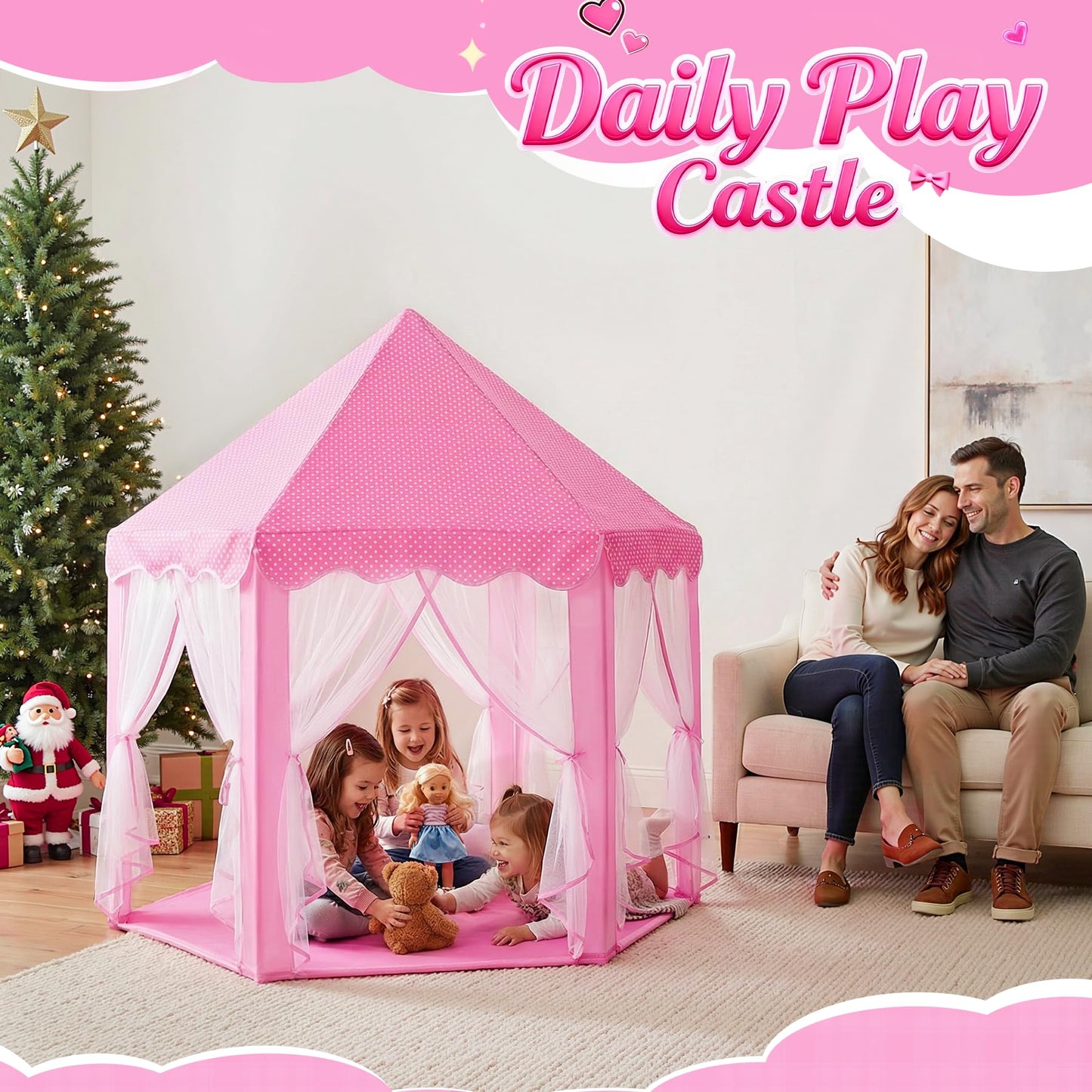 wilwolfer Princess Castle Play Tent for Girls Large Kids Play Tents Hexagon Playhouse with Star Lights Toys for Children Indoor Games (Pink)