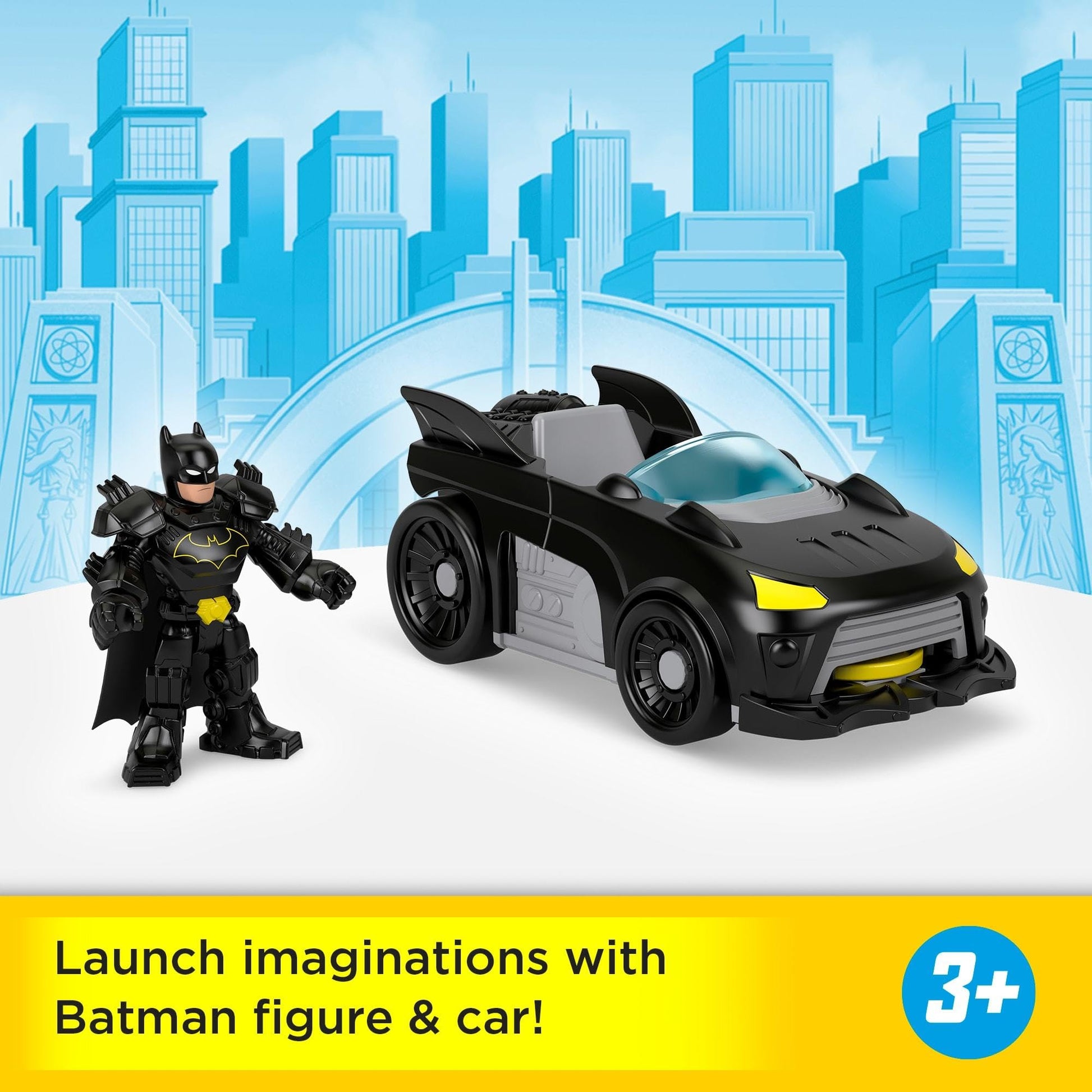 Fisher-Price Imaginext DC Super Friends Metal Force Batmobile Toy Car, 3-inch Batman Action Figure & Accessories Set, Includes Launcher & 2 Discs