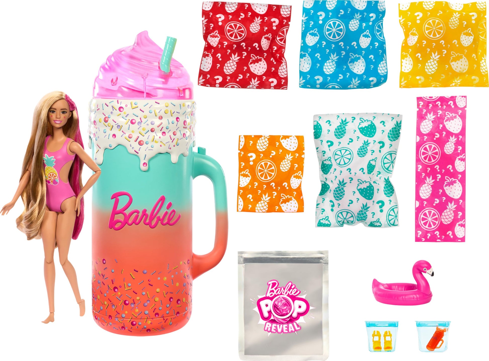 Barbie Pop Reveal Doll & Accessories, Rise & Surprise Fruit Series Gift Set with Scented Doll & Squishy Pet, Color Change, Moldable Sand & More, 15+
