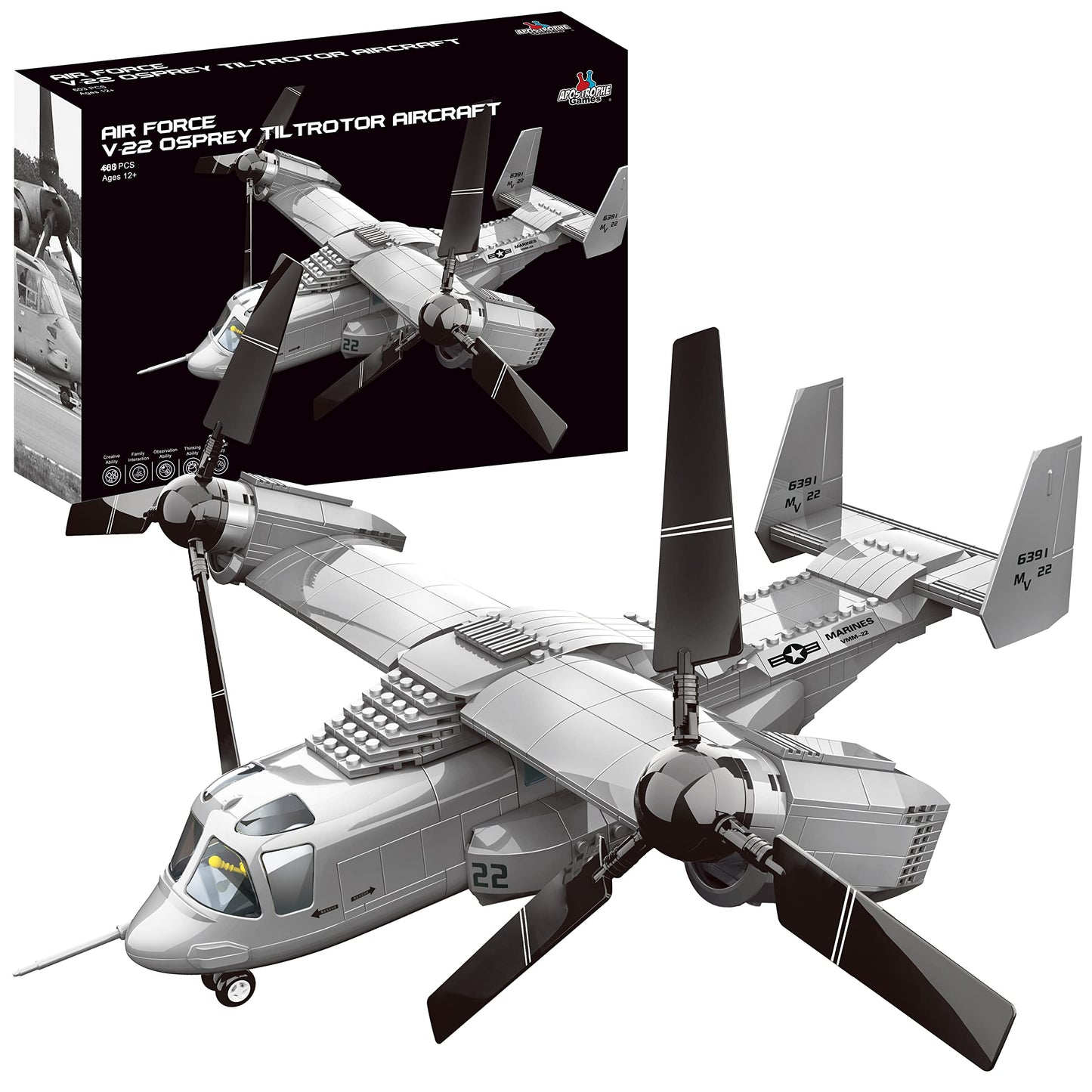 Apostrophe Games V-22 Osprey Tiltrotor Aircraft Building Block Set - 460-Pcs Plane for Kids Older Than 10 and Adults - Compatible with All Building