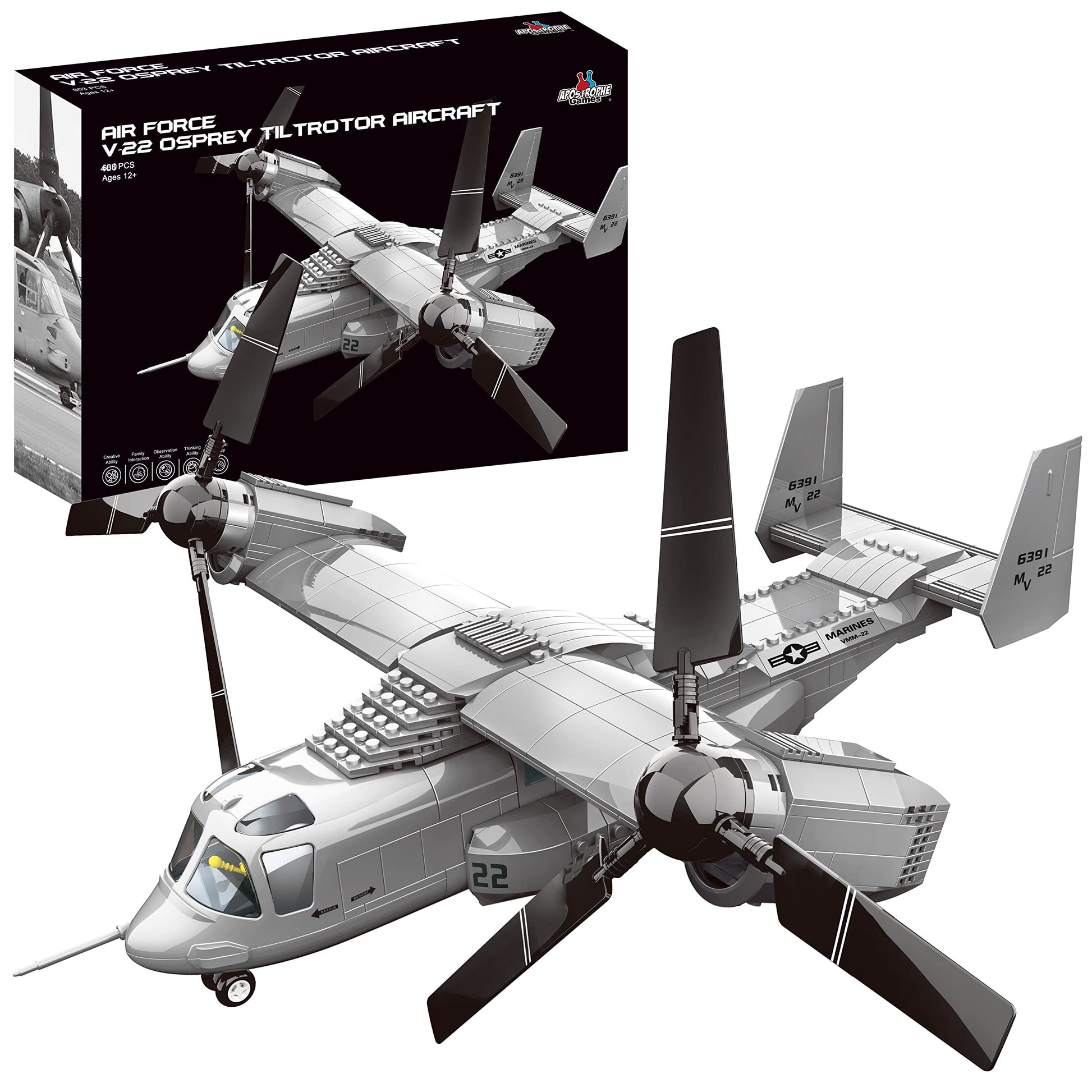 Apostrophe Games V-22 Osprey Tiltrotor Aircraft Building Block Set - 460-Pcs Plane for Kids Older Than 10 and Adults - Compatible with All Building