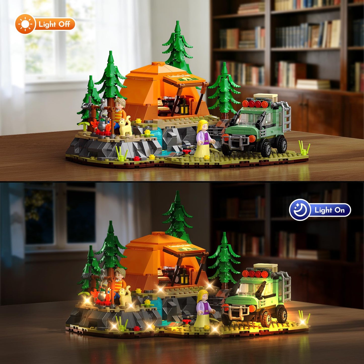 Mountain Camping Building Set with Light, Outdoor Adventure Scene Toy with Camp, Tent, Camper Van, Campfirre, Creative Home Decor & Display, Xmas