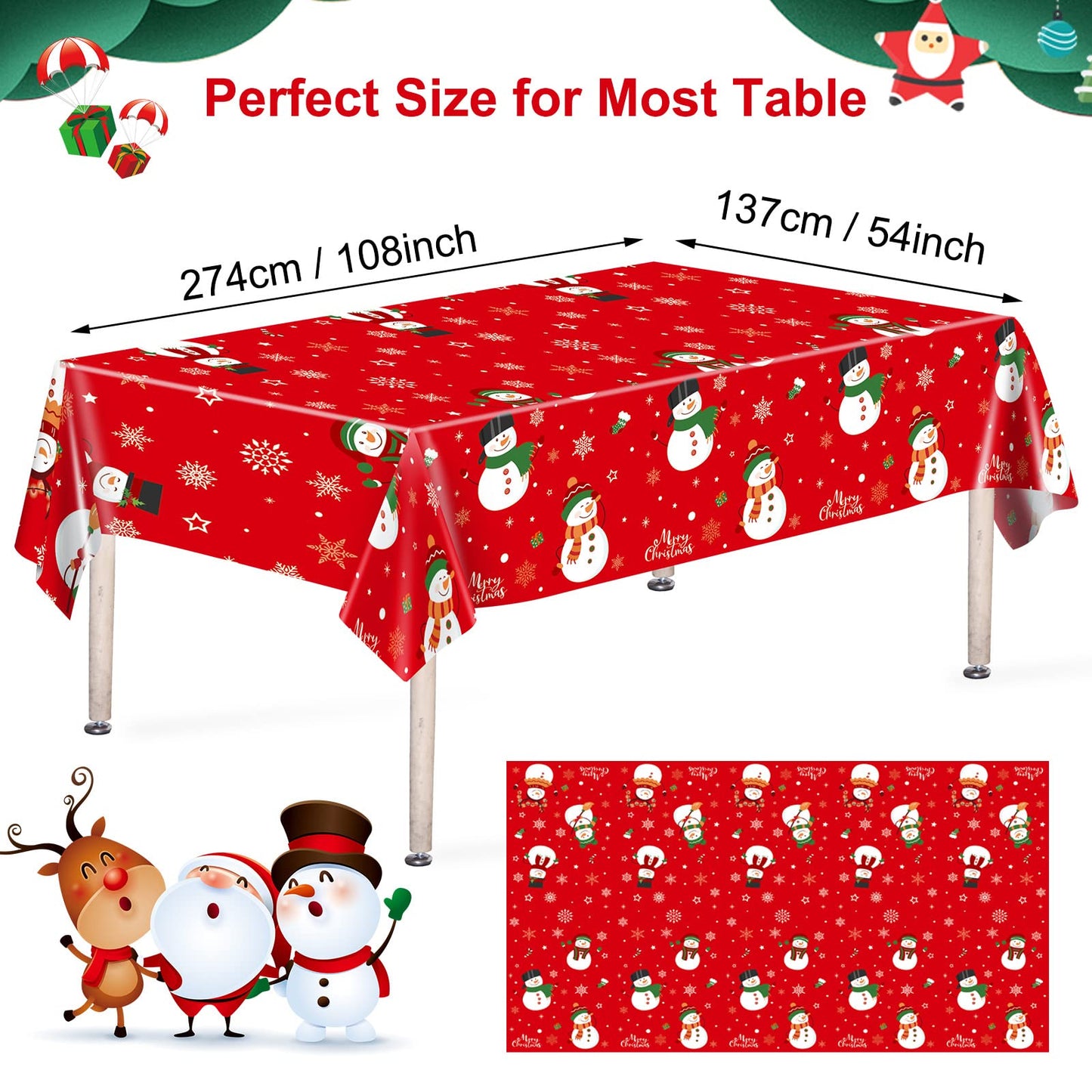 3 Pcs Christmas Tablecloth - Snowman Christmas Table cover, Disposable Plastic Rectangle Xmas Snowman Snowflakes Party Table cloths for Christma