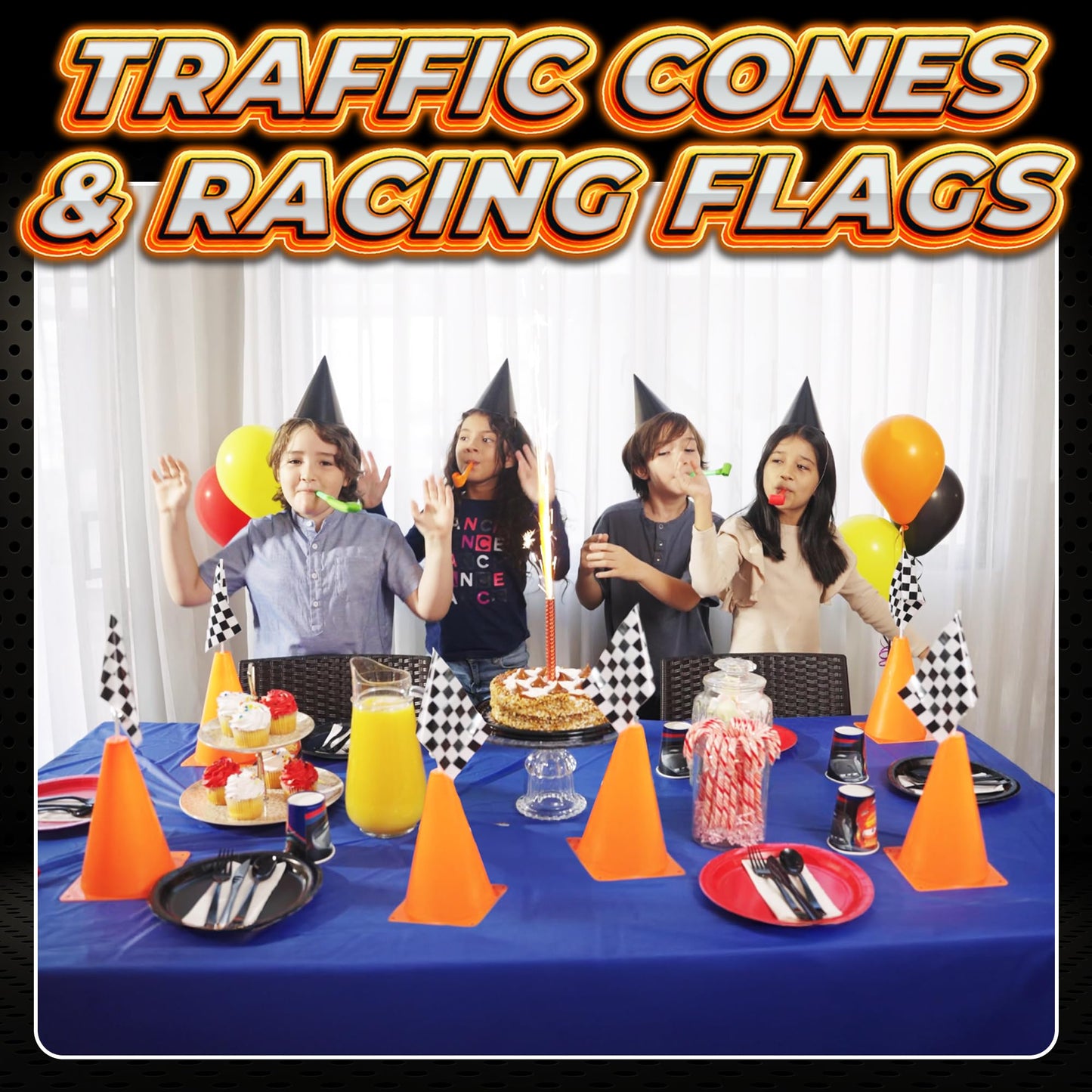 Bedwina Race Car Birthday Party Decorations - (36 Pcs) 12 - 8-Inch Orange Mini Cones for Kids & 24 Black & White Checkered Flags on Sticks - Race Car