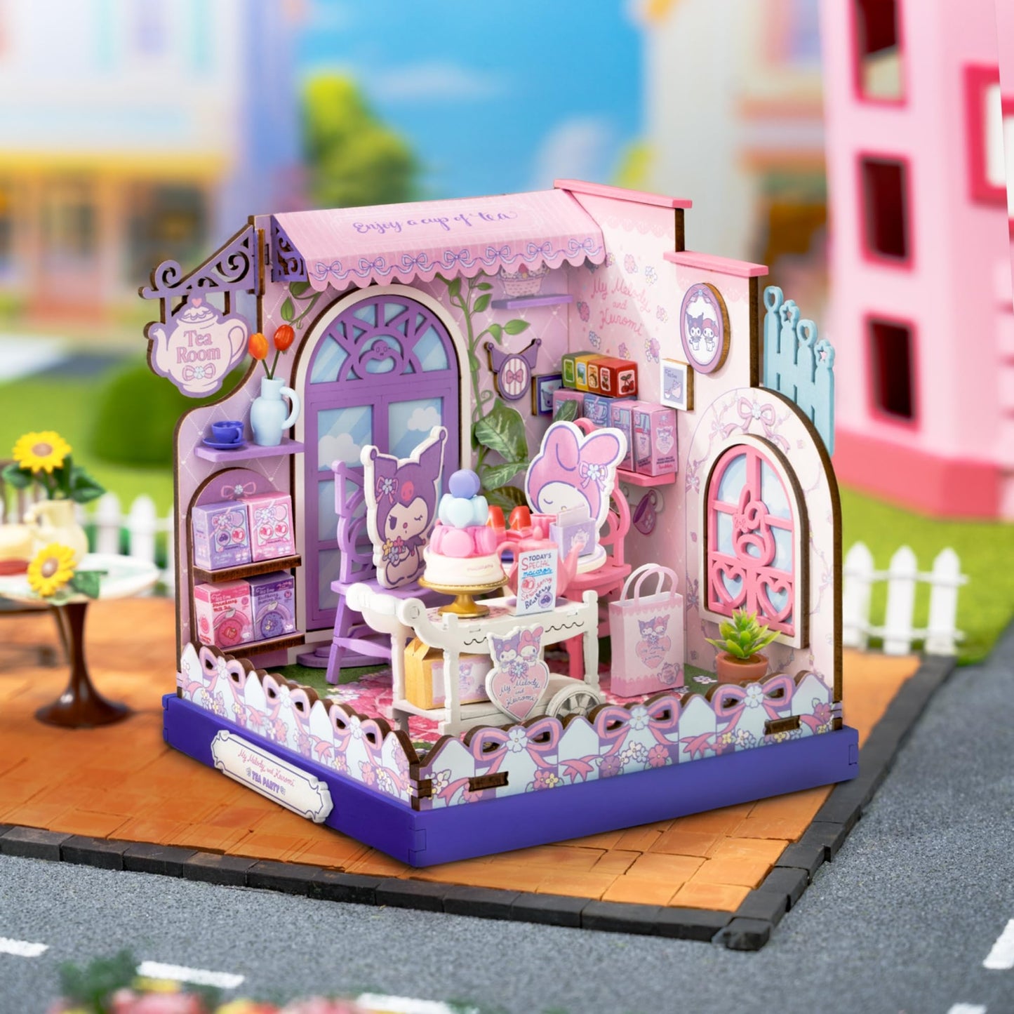 Hands Craft My Melody & Kuromi Tea Party Miniature House Kit - Kawaii 3D Puzzle with Tiny Tea Cups & Cake - DIY Wooden Craft Kit for Bedroom or