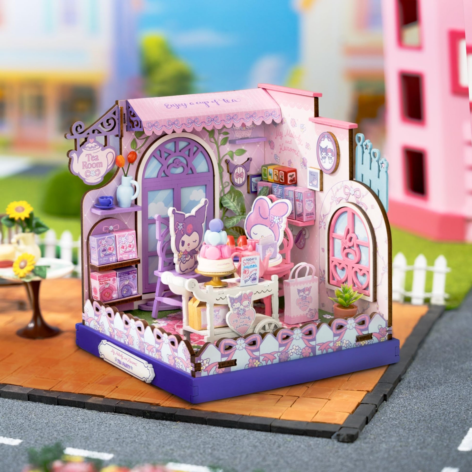 Hands Craft My Melody & Kuromi Tea Party Miniature House Kit - Kawaii 3D Puzzle with Tiny Tea Cups & Cake - DIY Wooden Craft Kit for Bedroom or
