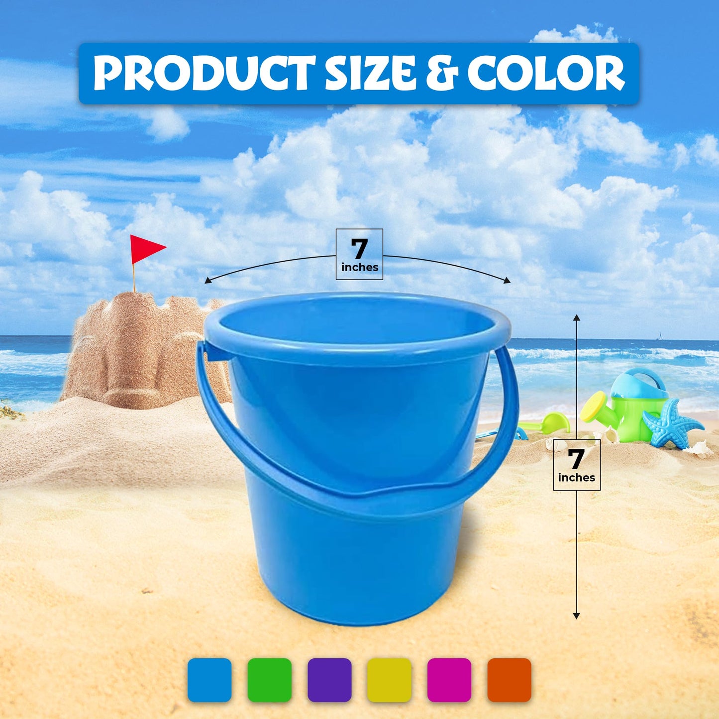 Podzly 12 Pack Beach Pails Sand Buckets - 7" Large Beach Pails with Handles for Kids - Colorful Beach Toys for Sand Molds & Castles - Great Sand