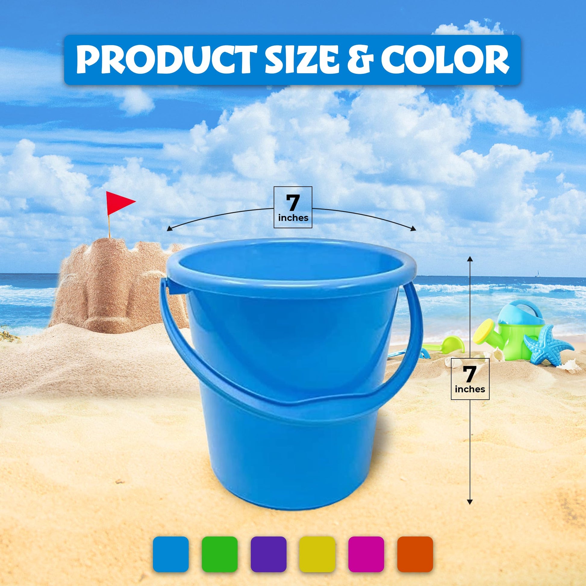 Podzly 12 Pack Beach Pails Sand Buckets - 7" Large Beach Pails with Handles for Kids - Colorful Beach Toys for Sand Molds & Castles - Great Sand
