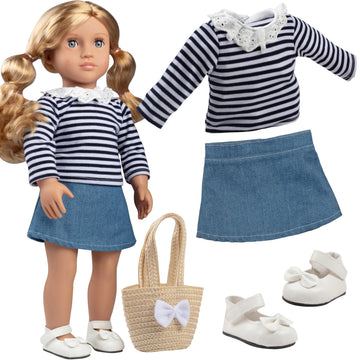 Dress Along Dolly Casual Spring Preppy Doll Outfit for 18" Dolls - Compatible w American Girl- Premium Handmade Clothes -4 Pc Set Includes Shirt