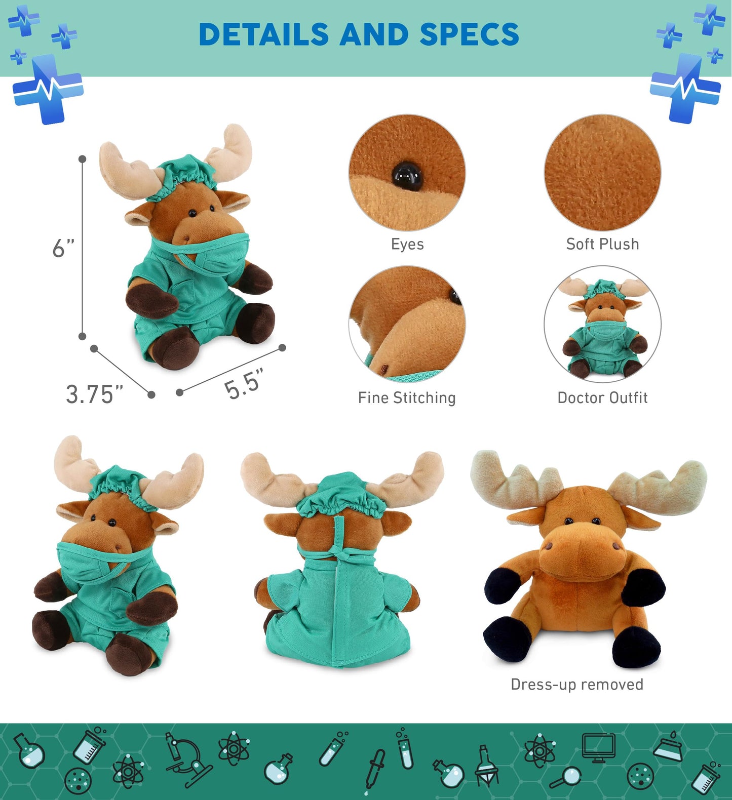 DolliBu Moose Doctor Plush Toy - Super Soft Moose Doctor Stuffed Animal Dress Up with Cute Uniform and Cap Outfit - Fluffy Toy Plush Gift for Doctor