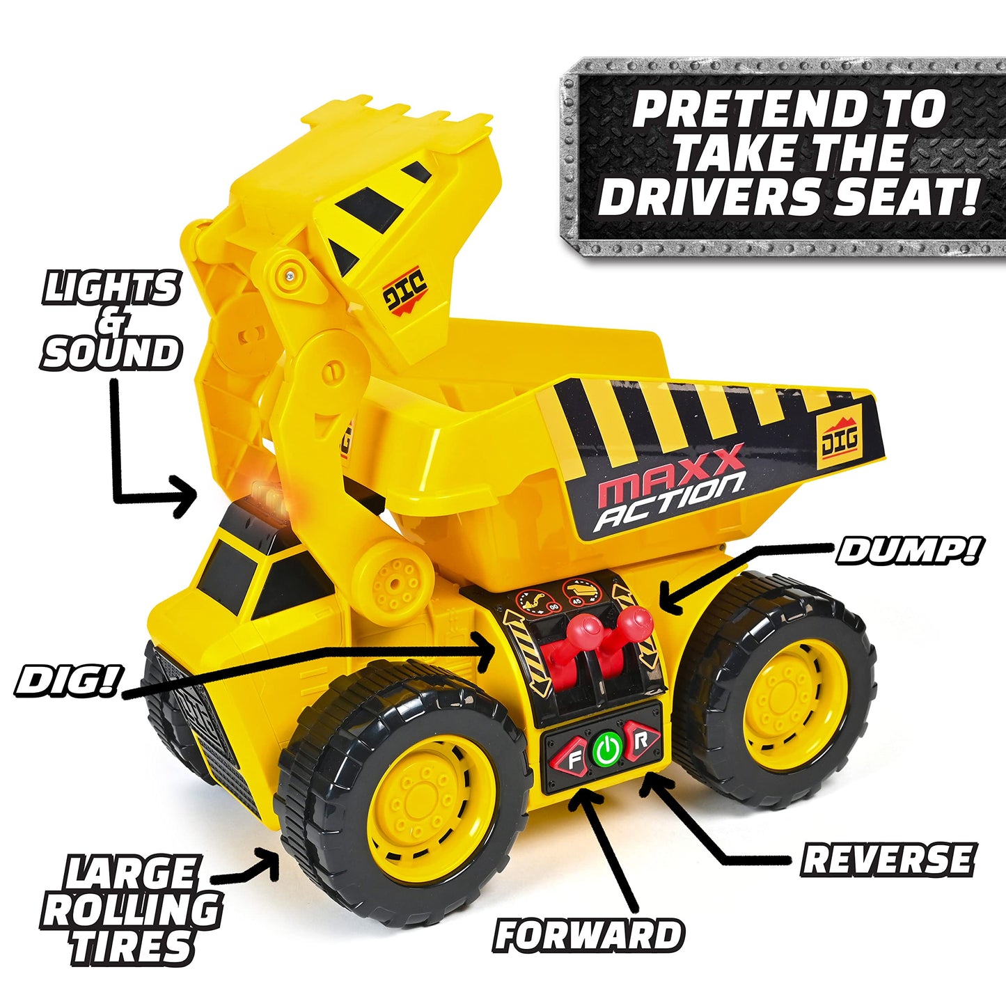 Maxx Action 19'’ 2-N-1 Motorized Dig Rig - Excavator and Dump Truck Toy with Joystick Control for Toddlers | Gift for Kids 3+ | Lights, Sounds