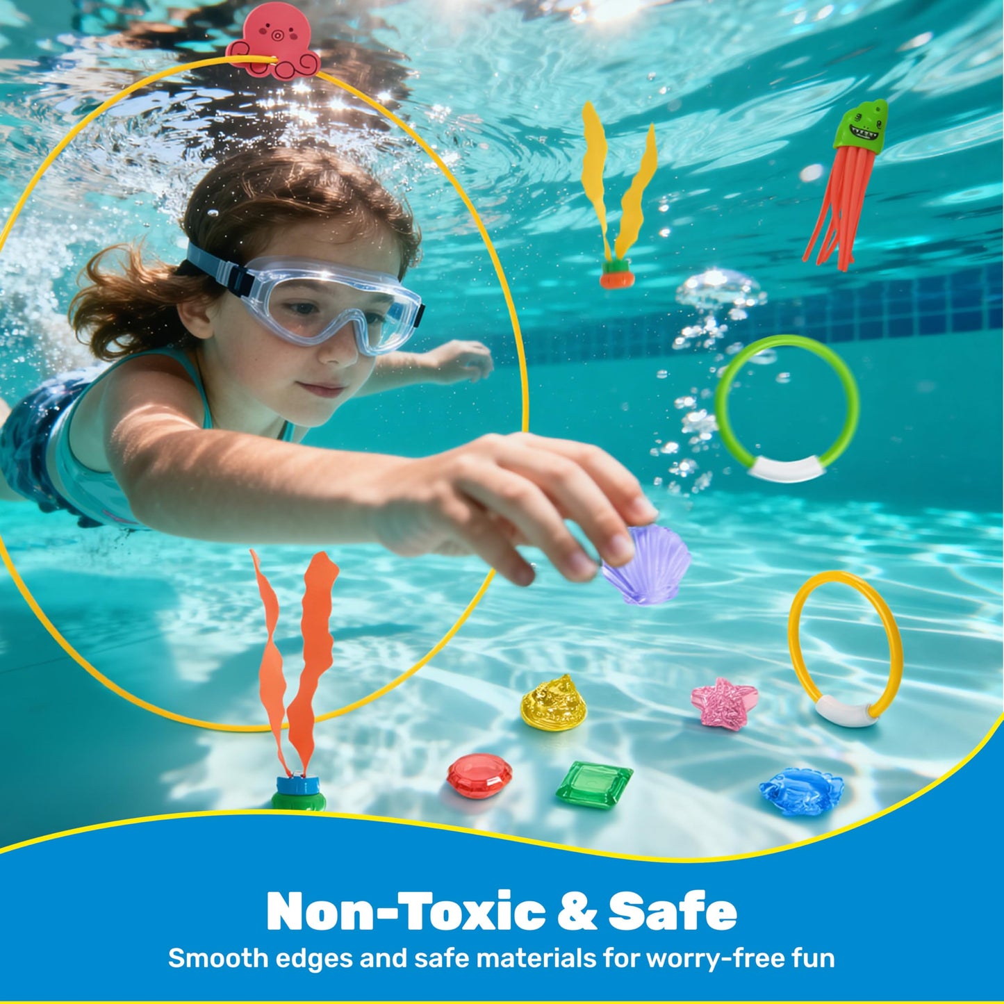 SYNCFUN Pool Toys Diving Rings,32PCS Swim Rings Pool Game Set Toys with Dive Ring Gem Seaweed Underwater Shark Jellyfish Water Swimming Toy for Kids