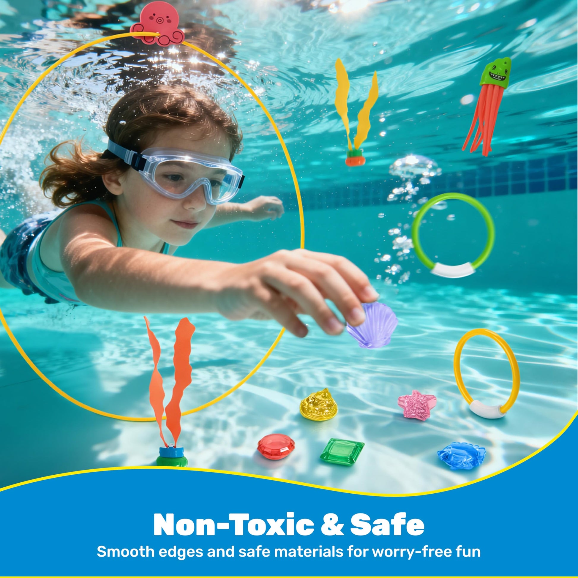 SYNCFUN Pool Toys Diving Rings,32PCS Swim Rings Pool Game Set Toys with Dive Ring Gem Seaweed Underwater Shark Jellyfish Water Swimming Toy for Kids
