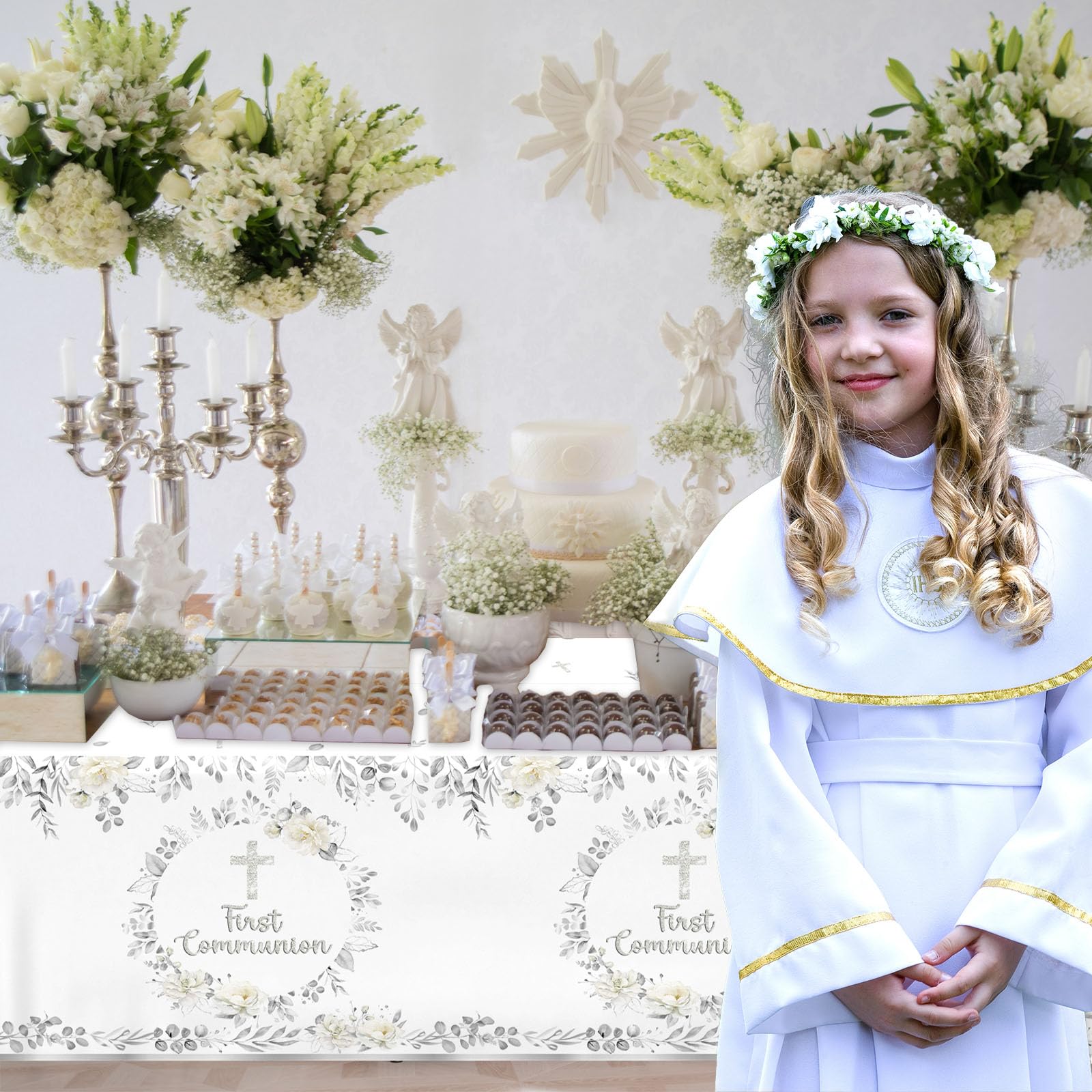 First Communion Tablecloth Decorations, 3Pcs Silver God Bless Baptism Tablecloths,First Holy Communion Cross Baptism Table Cover for Baby Shower First