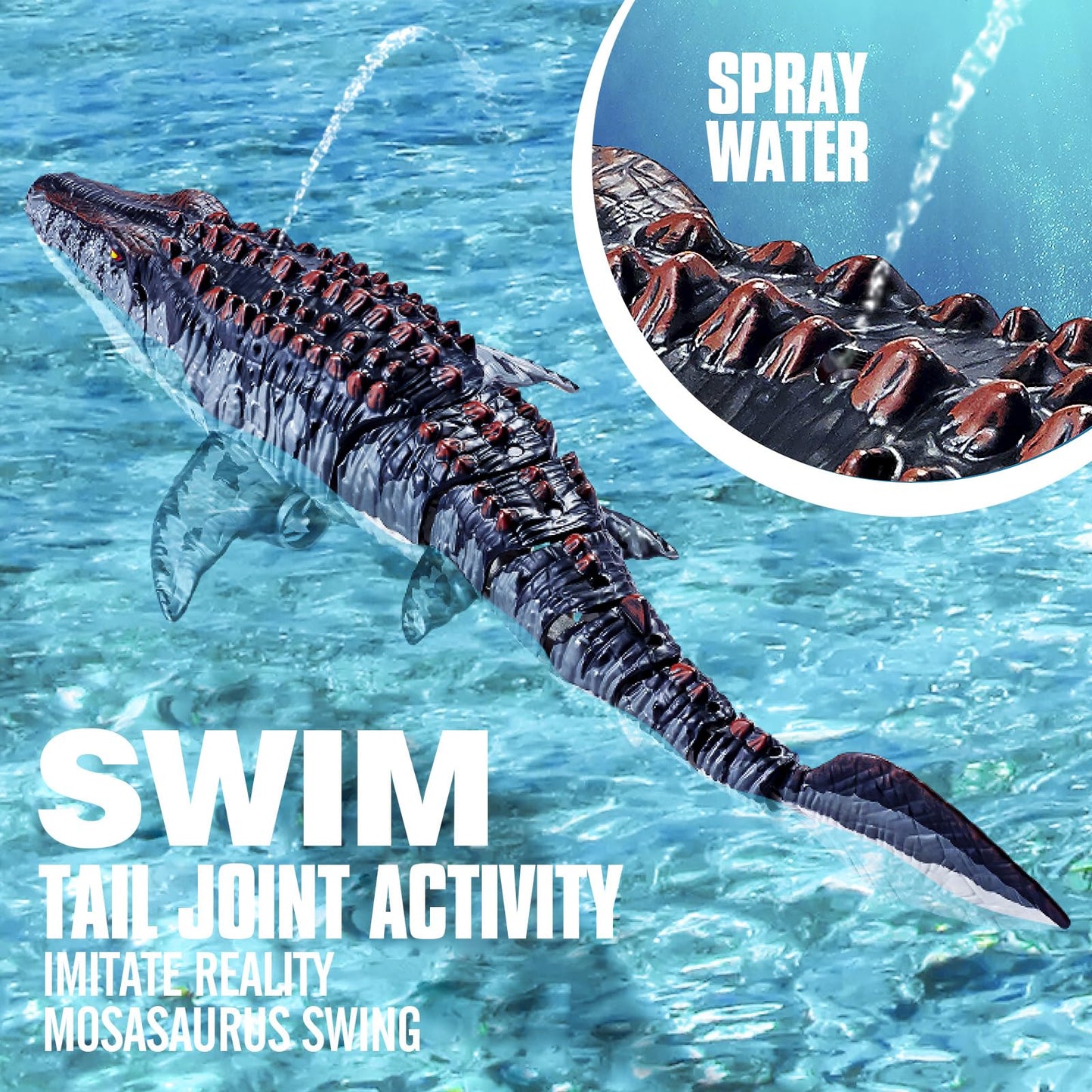 toylefun Remote Control Swimming Mosasaurus Toy, 2.4GHz Waterproof Design, 24-Inch Dinosaur Water Toy with Spray Function