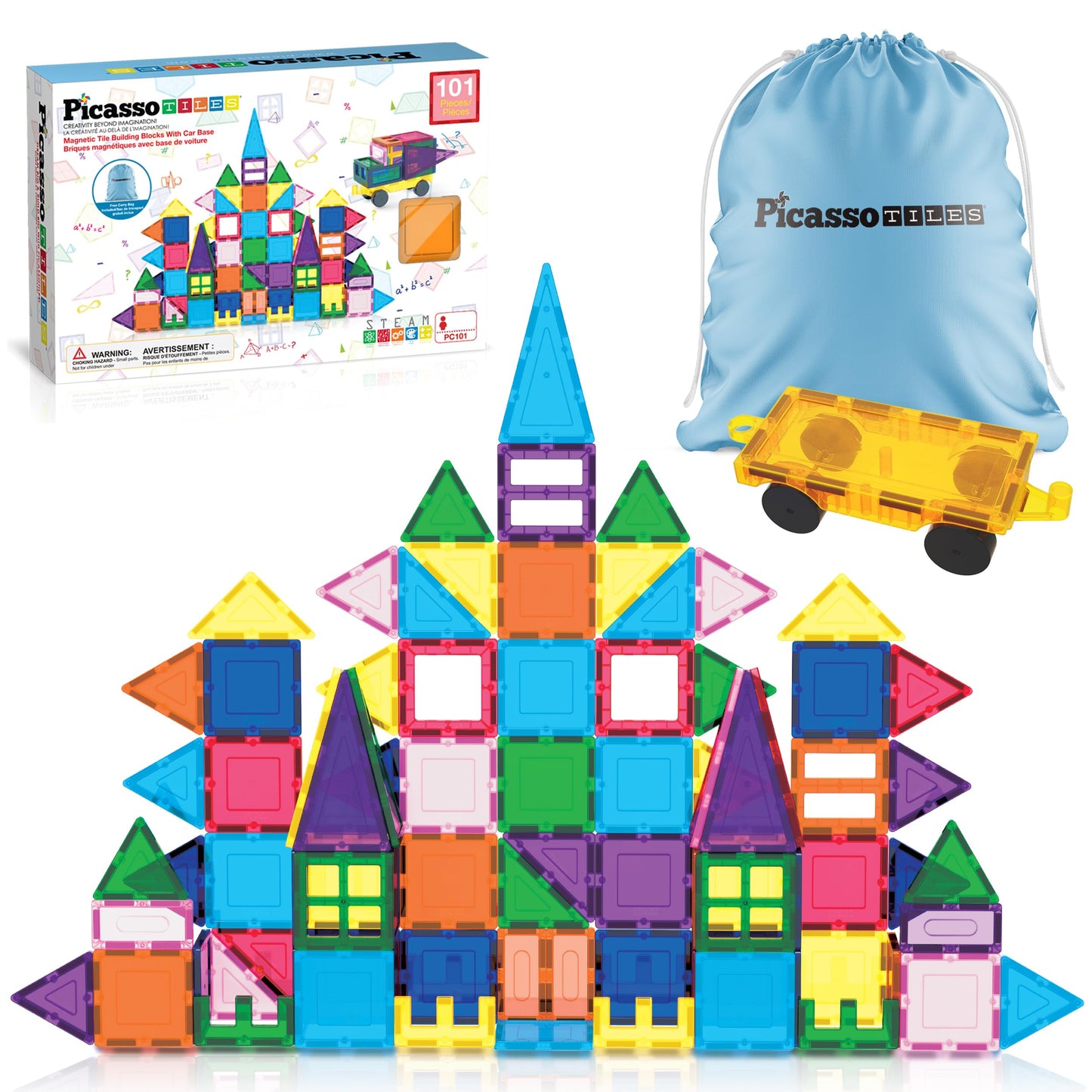PicassoTiles 101 PCs Magnetic Tiles Building Blocks with Car & Drawstring Carry Bag Toy Storage Magnet Block for Toddlers Kids STEM Toy Set
