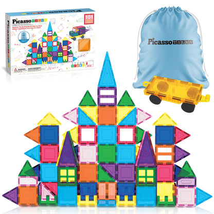 PicassoTiles 101 PCs Magnetic Tiles Building Blocks with Car & Drawstring Carry Bag Toy Storage Magnet Block for Toddlers Kids STEM Toy Set