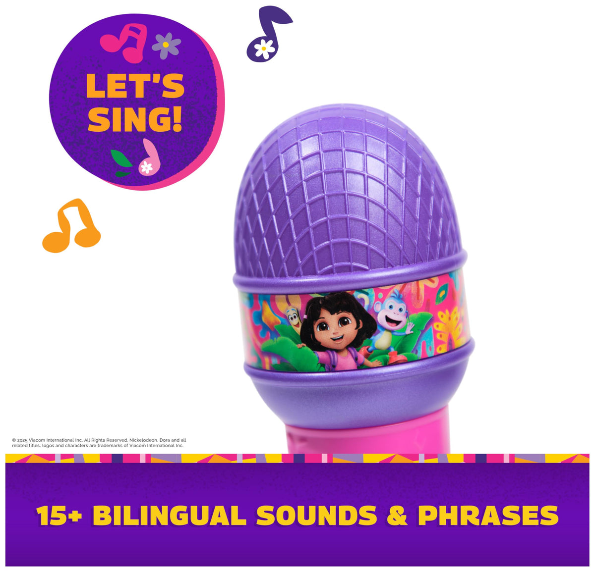 Dora, Rainforest Rhythms Microphone with Music, Sound Fx & Bilingual Phrases, Kids Toys for Girls & Boys Ages 3 and Up