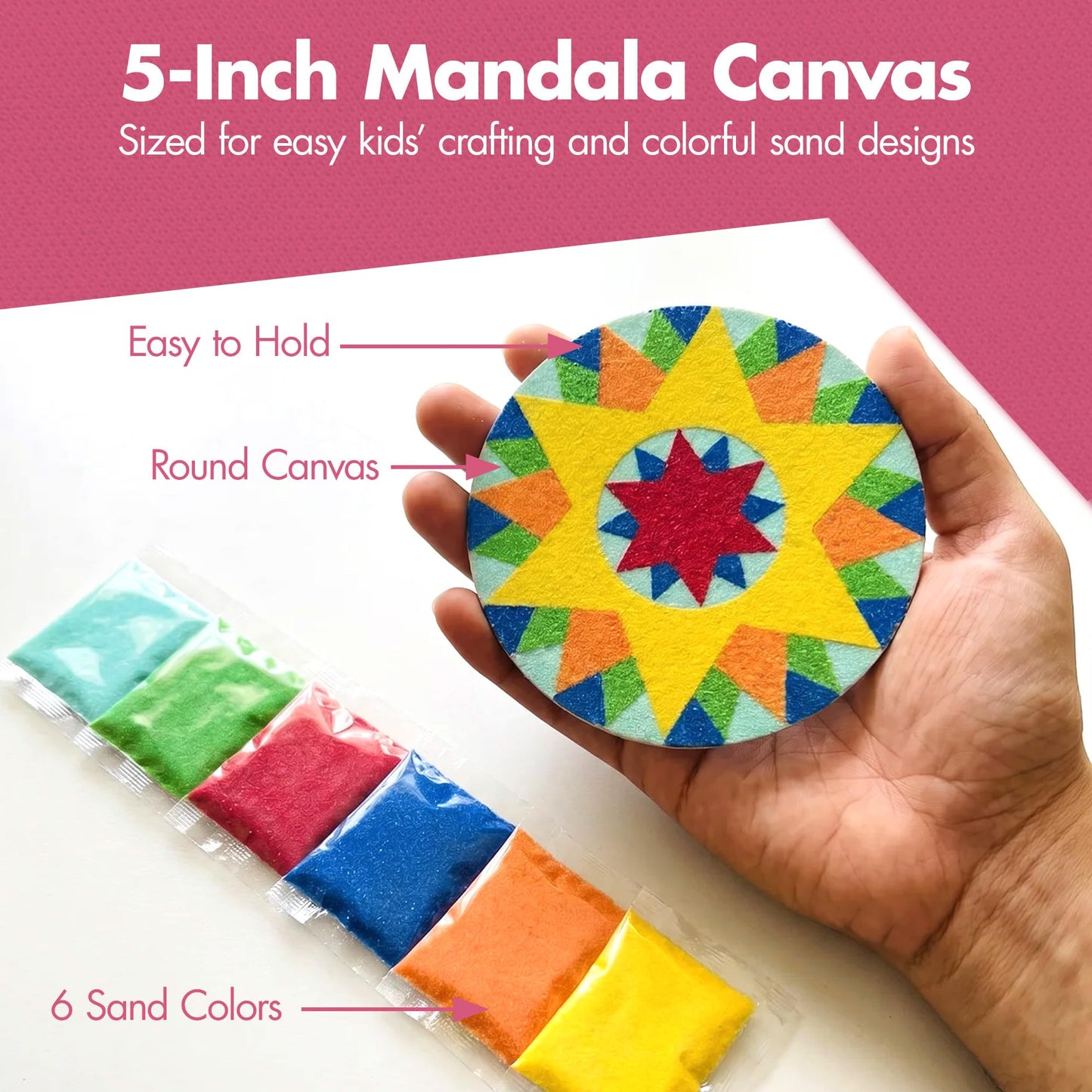 Podzly Sand Painting Mandala Coloring Craft Kits 24 Piece - Self-Adhesive Sand Art Peel Kit for Kids Ages 5+ - 6 Colors & 5 Inch Round Canvases