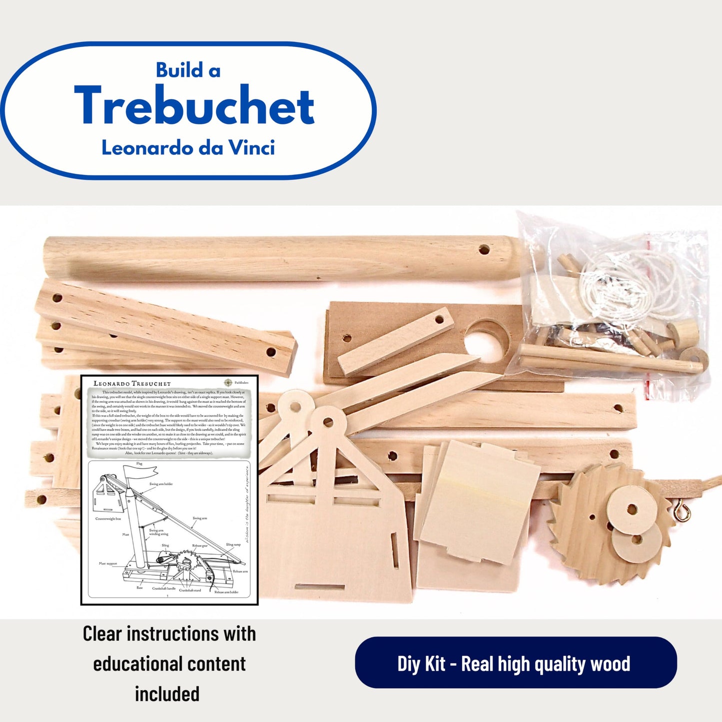 PATHFINDERS Leonardo da Vinci Trebuchet STEM Kit - Build Your Own Medieval Siege Engine - Educational Wooden Model for Teens & Adults, DIY Engineering