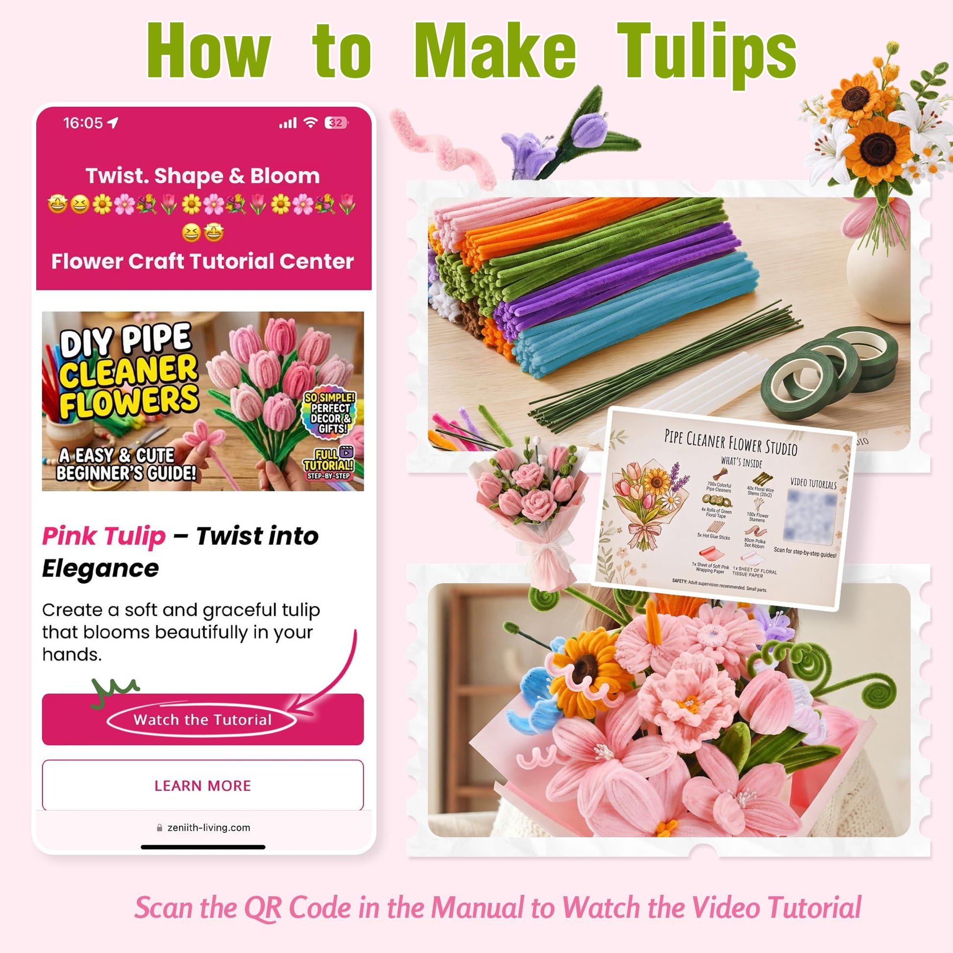 800 PCS Pipe Cleaner Flower Kit, 12 Colors Chenille Stems Craft Kit with Floral Stems, Tape, Stamens, Ribbons, Manual - Make DIY Flowers