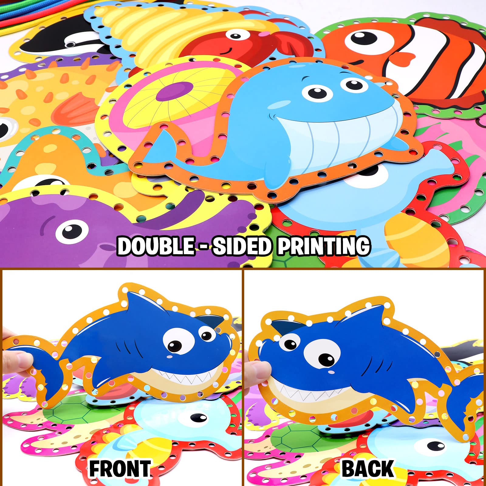 Sea Animals Lacing Cards Sewing Cards For Kids 12 Pack Shark Whale Ocean Theme Party Decor Double Sided Cardboard Lacing Playing Games for Preschool