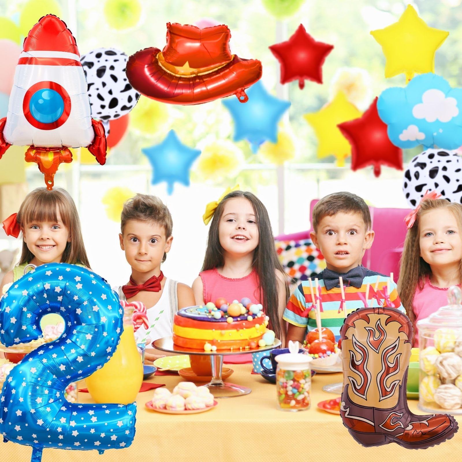 Toy Themed Story Birthday Decoration Balloon Set,Cartoon Style Birthday Rocket,Cowboy Hat,Boots,Clouds,Star Patterns, For kid Party Supply (2nd-Two